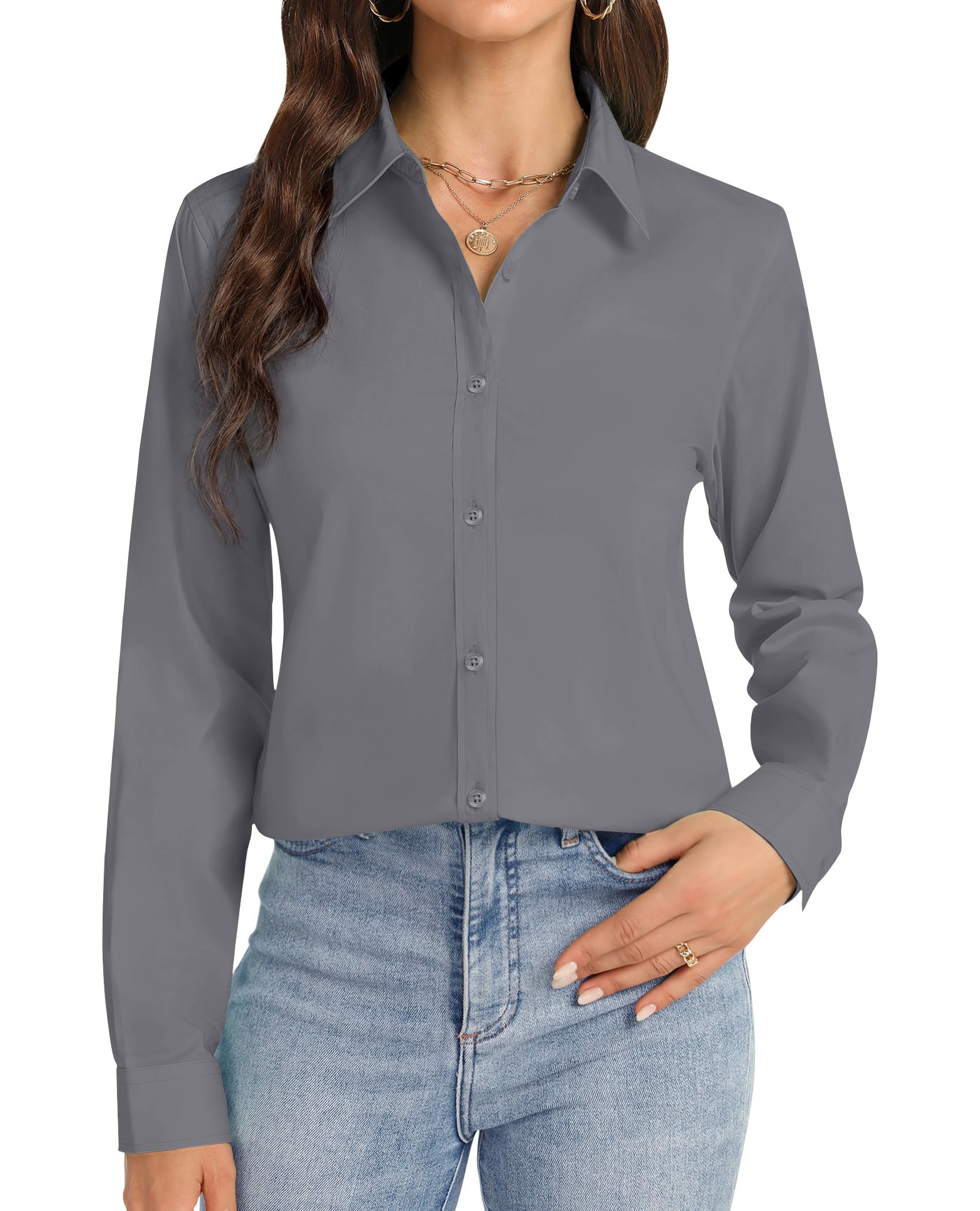 J.VER Button Down Shirts for Women Stretch Collared Cotton Long Sleeve Dress Shirt Business Casual Blouse for Work, Grey, M
