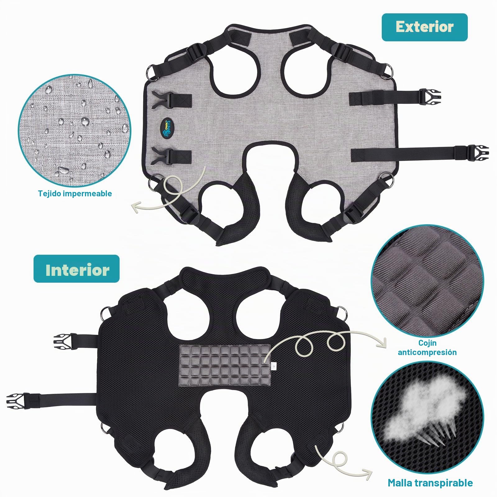Ownpets Arnés de Elevación para Perros Mediano, Arnés de Cuerpo Entero Perro, Arnes Ayuda Perro, Arnes de Transporte para Perros, Suave, Impermeable, Ajustable, Reflectante, Transpirable, Gris, M