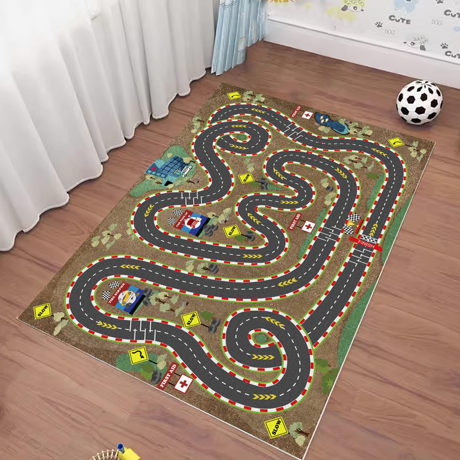 Kids Rug Car Rugs for Kids Toy Cars Play Mat City Life Road Rug for Cars Fun City Map for Carpet for Bedroom Boys (Sand Track, 31 * 47 inches)
