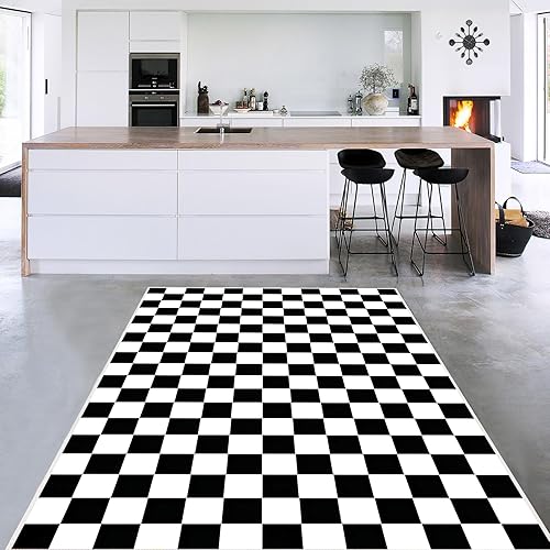 Aukib Checkered Rug 5x7 Large Washable Black and White Checkered Rug Modern Ultra Soft and Low-Pile Non-Slip Bedroom Carpet for Dining Room Living Room Home Decor (Black and White, 5x7ft) - 5' x 7' (Rectangular) - Black and White