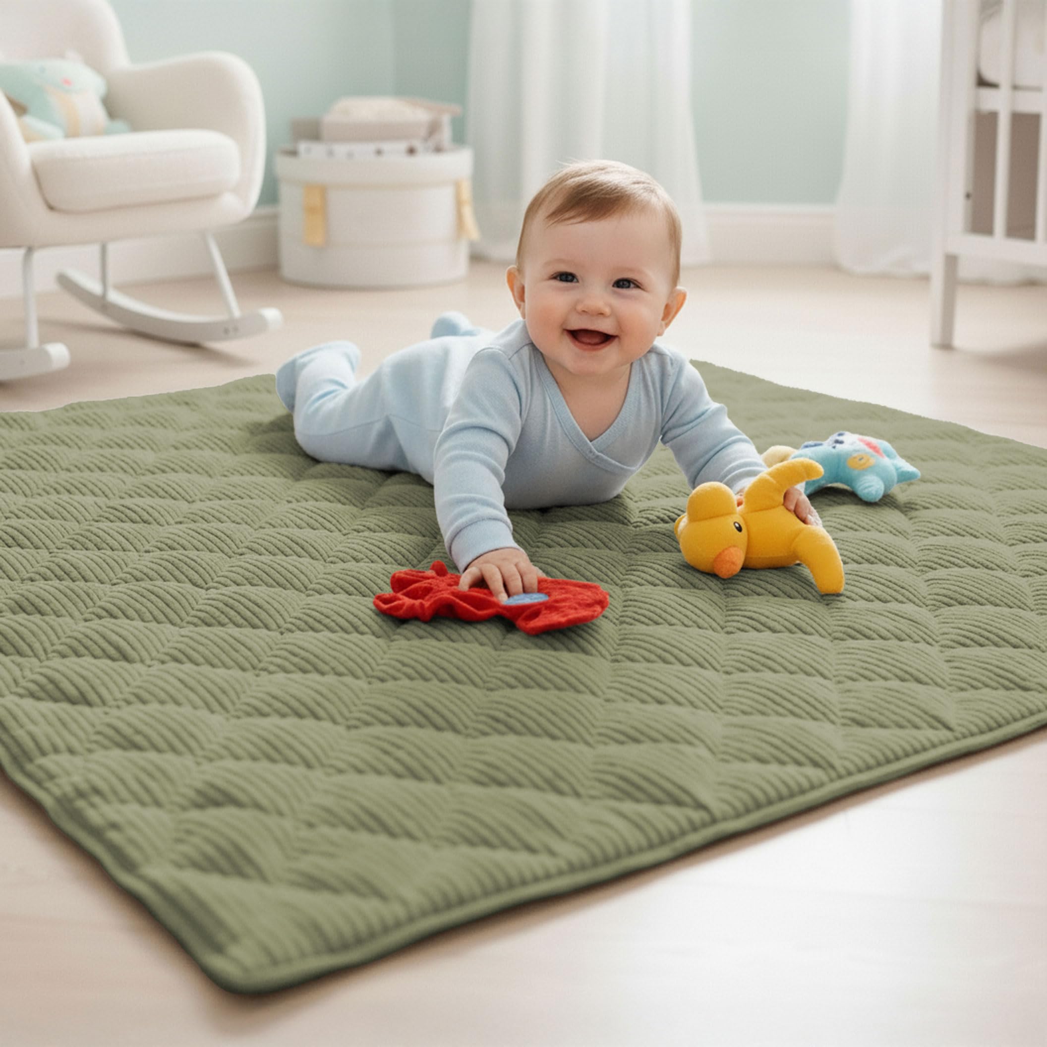 Sanosoft® Krabbeldecke - rutsch- & wasserfeste Krabbelunterlage mit Öko Tex & Made in Germany… (Cord Khaki Grün, 120x120cm)