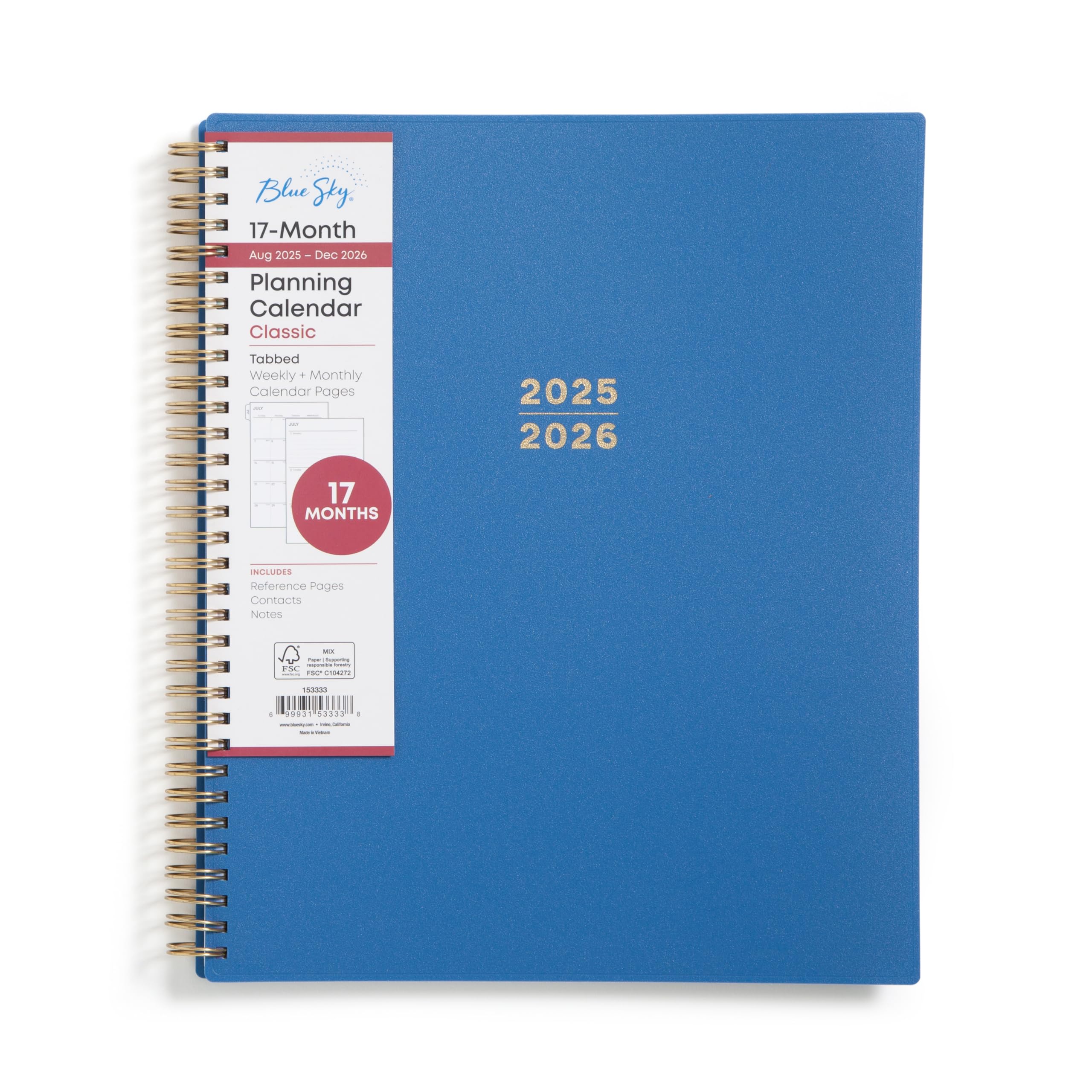 Blue Sky 17 Month 2025-2026 Weekly and Monthly Academic Year Planner Calendar, August 2025 - December 2026, 8.5" x 11", Flexible Cover, Wirebound,