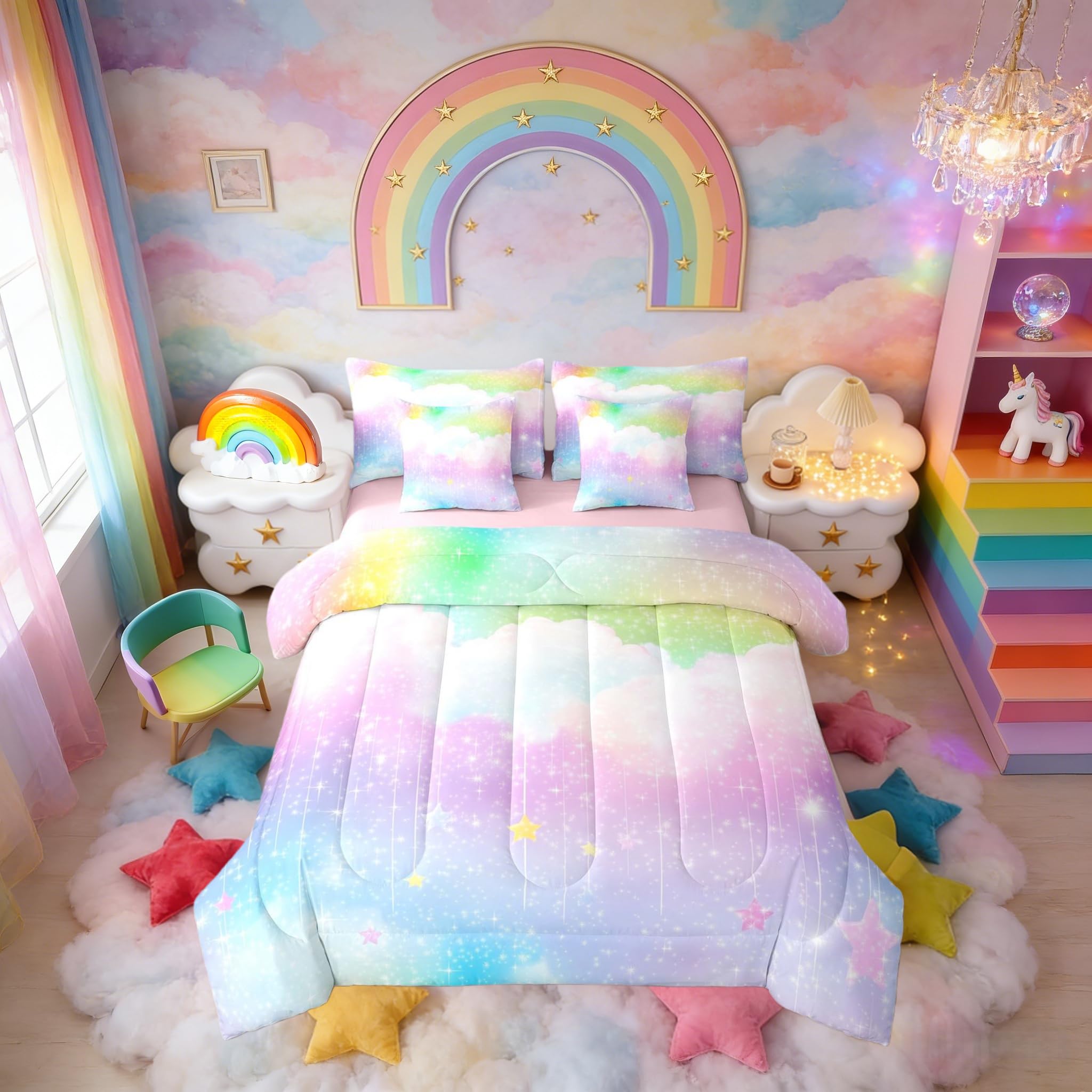 Erosebridal Rainbow Full Comforter Set with Sheets 7 Piece Tie Dye Pastel Cloud Bed in A Bag Golden Stars Glitter Bedding Sets for Kids Girls Teens Women,Shiny Watercolor Art Girly Bed Set