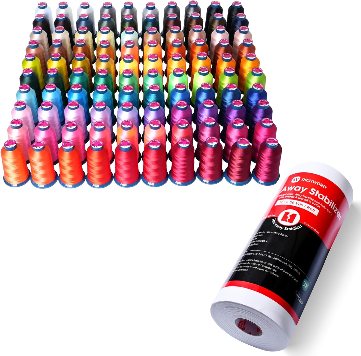BAi Embroidery Bundle – 100 Color 40WT Thread Set (4000M) + Tear Away Stabilizer 12" x50 Yards 2.0oz for Machine Embroidery