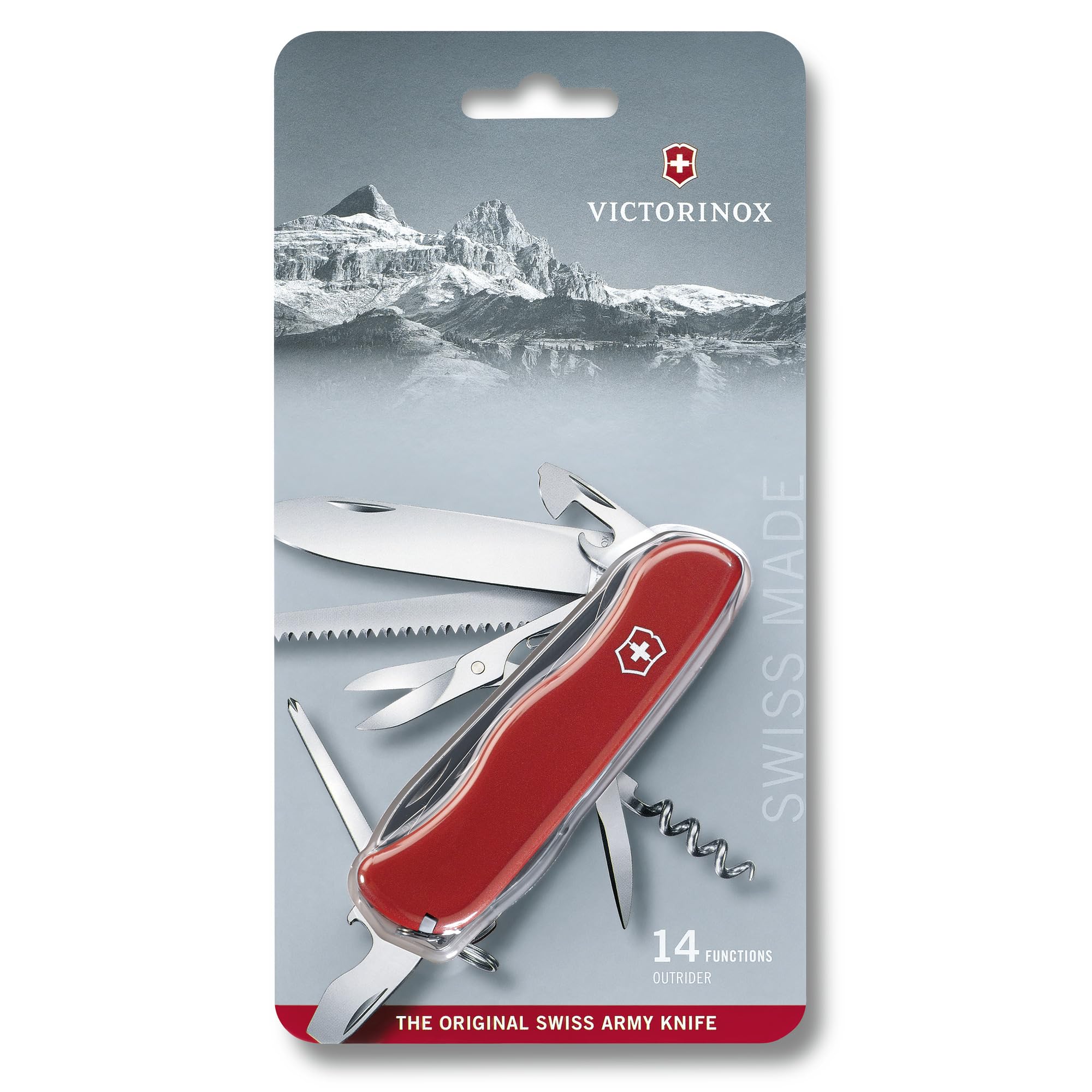 Victorinox Outrider Couteau de Poche Suisse, Multitool, 14 Fonctions, Lame, Ciseaux, Tire Bouchon, Rouge