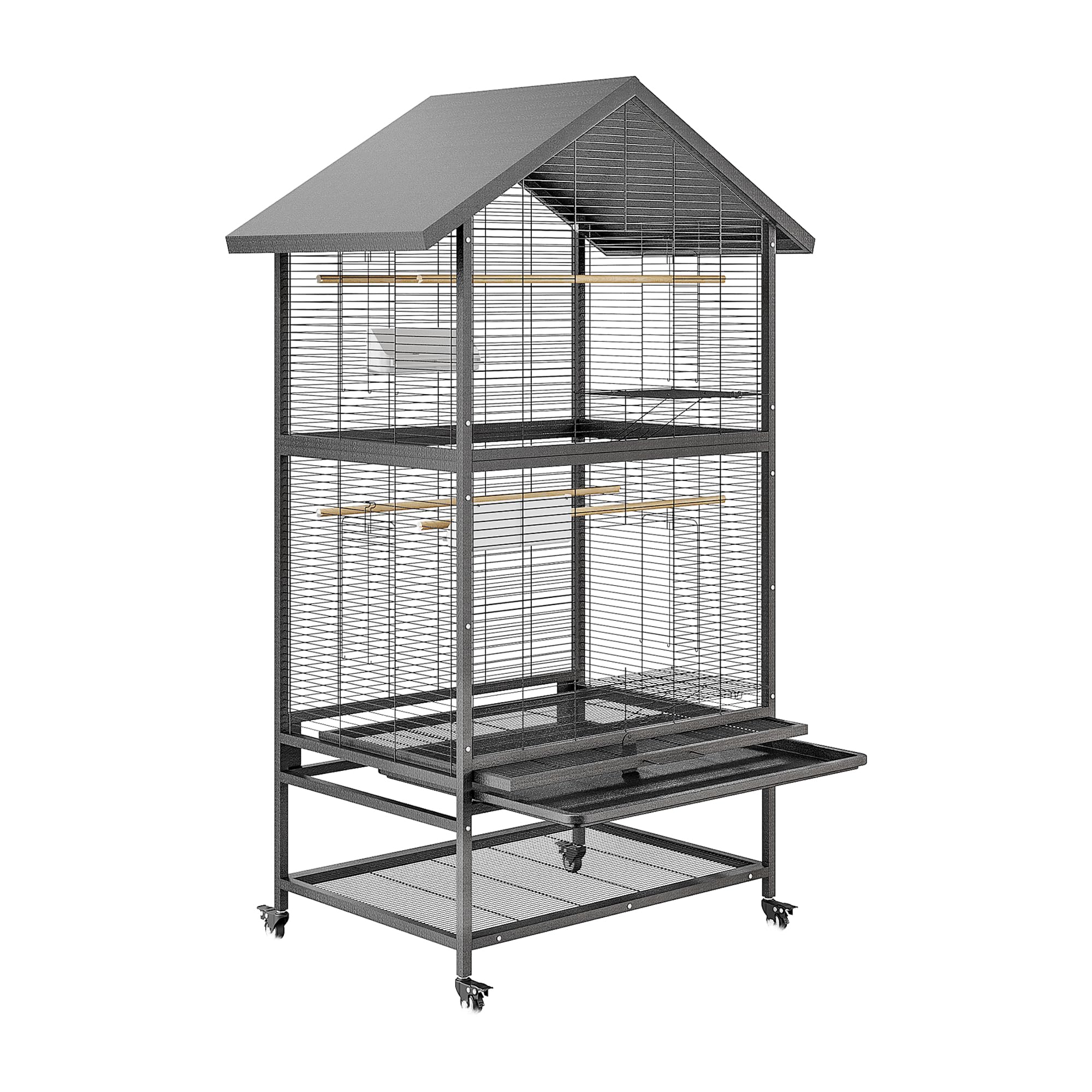 DEALHOUSE 65.7-Inch Large Bird Cage with Rolling Stand, Wrought Iron Flight Cage, 4 Perches, 4 Food Bowls, Pull-Out Tray, Storage Shelf, 360° Wheels, for Parrots & Canaries, Black