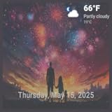 ホリデーミュージックとカラフルな花火のテレビ - 時間と日付を表示する魔法の夜空