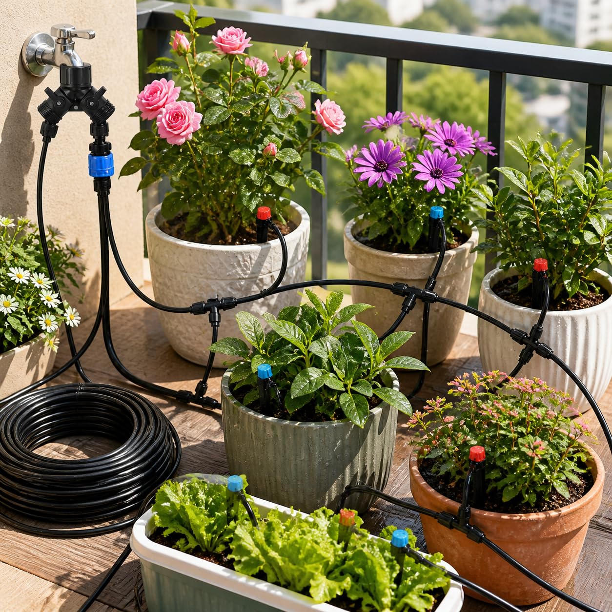 Kit d'arrosage automatique 40+160FT, système d'irrigation goutte à goutte, tuyau pour balcon, terrasse, plantes en pot