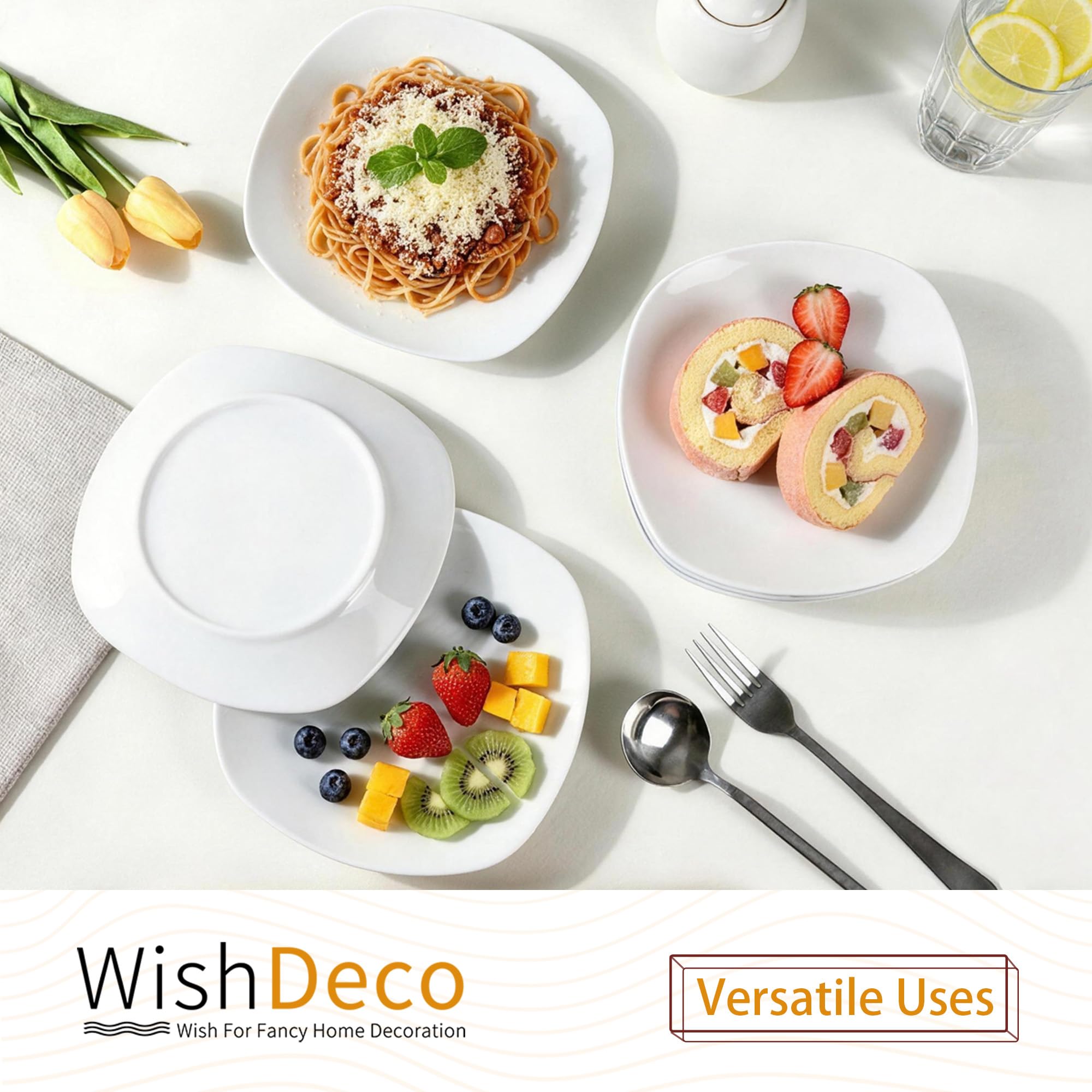 WishDeco Set di 6 piatti da insalata bianchi, piccoli piatti da dessert da 20 cm, piatti quadrati in ceramica per antipasti, piatti piani in porcellana per torte, waffle, pasta