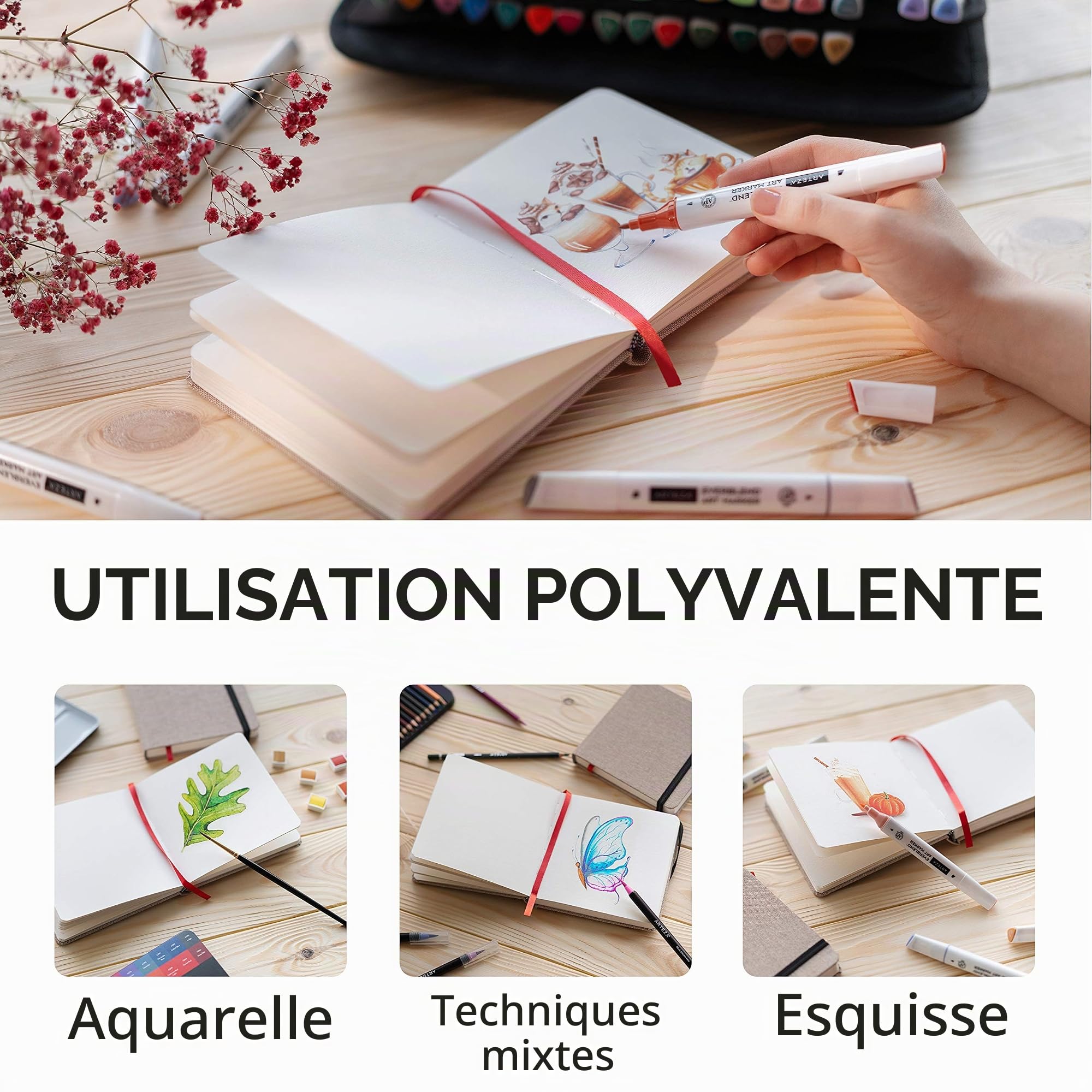 Cahiers d'Aquarelle Arteza Beige, 5,5 x 5,5 pouces, 3 Packs, 88 Feuiles, Livre Relié de 110 lb, Carnet de Croquis d'Aquarelle à Utiliser comme Carnet de Voyage et Bloc-Notes de Techniques Mixtes