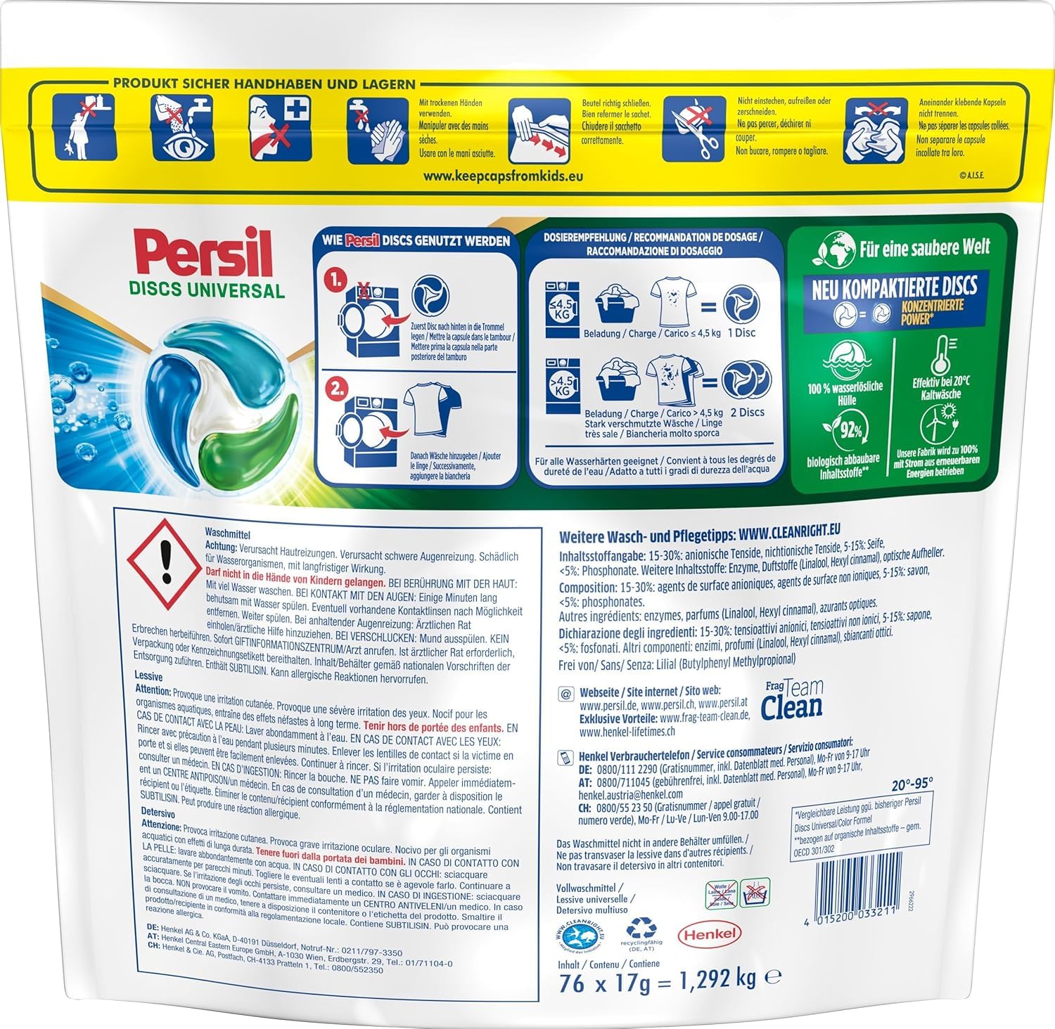 Persil Universal 4 in 1 DISCS, 304 (4 x 76 lavaggi), detersivo completo con tecnologia di purissimo Plus, combatte le macchie ostinate, 92% di ingredienti biodegradabili