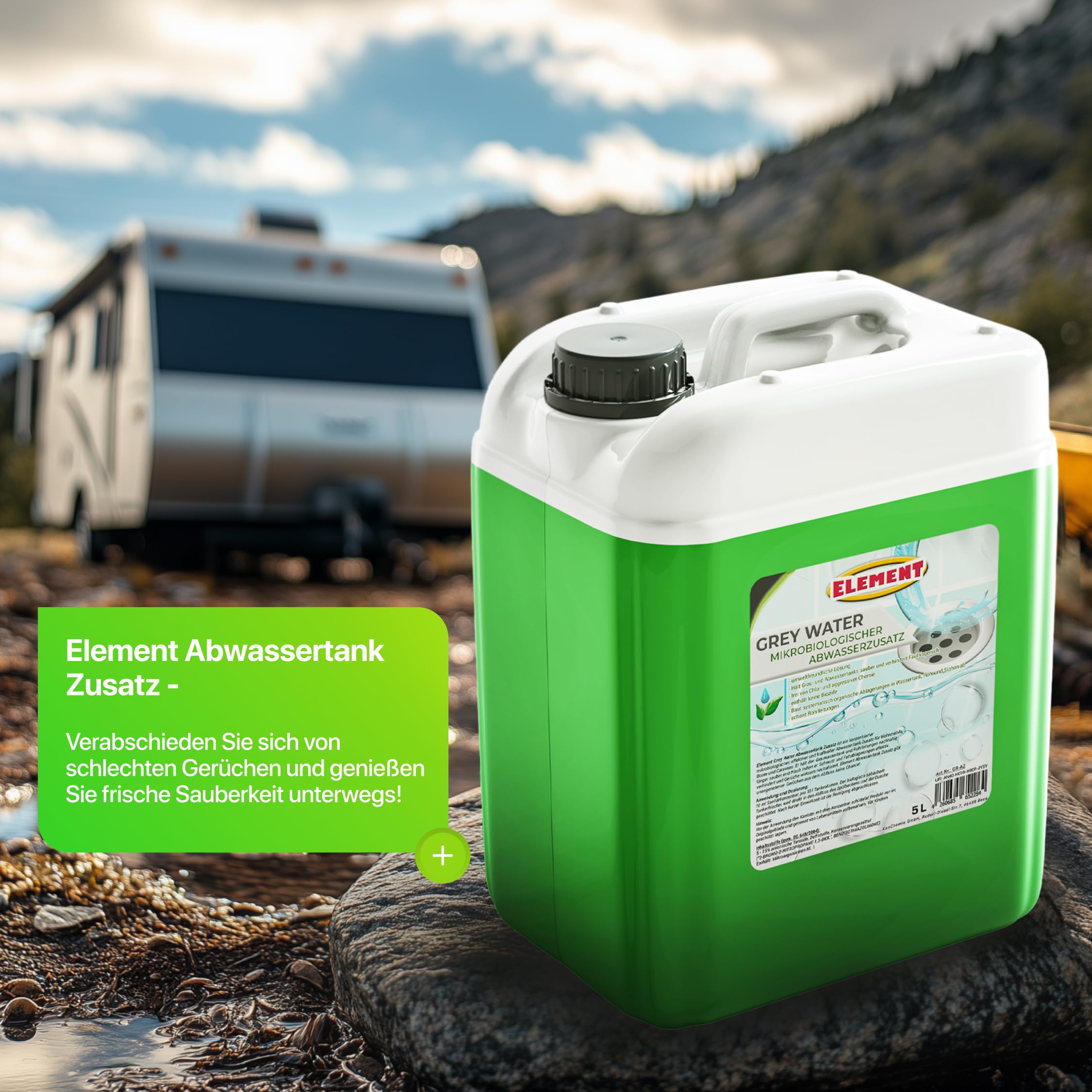 Additif pour réservoir d'eau grise pour camping-car - 5 litres - Concentré - Additif microbiologique pour réservoir d'eau grise - Nettoyant contre les odeurs désagréables - Additif pour réservoir