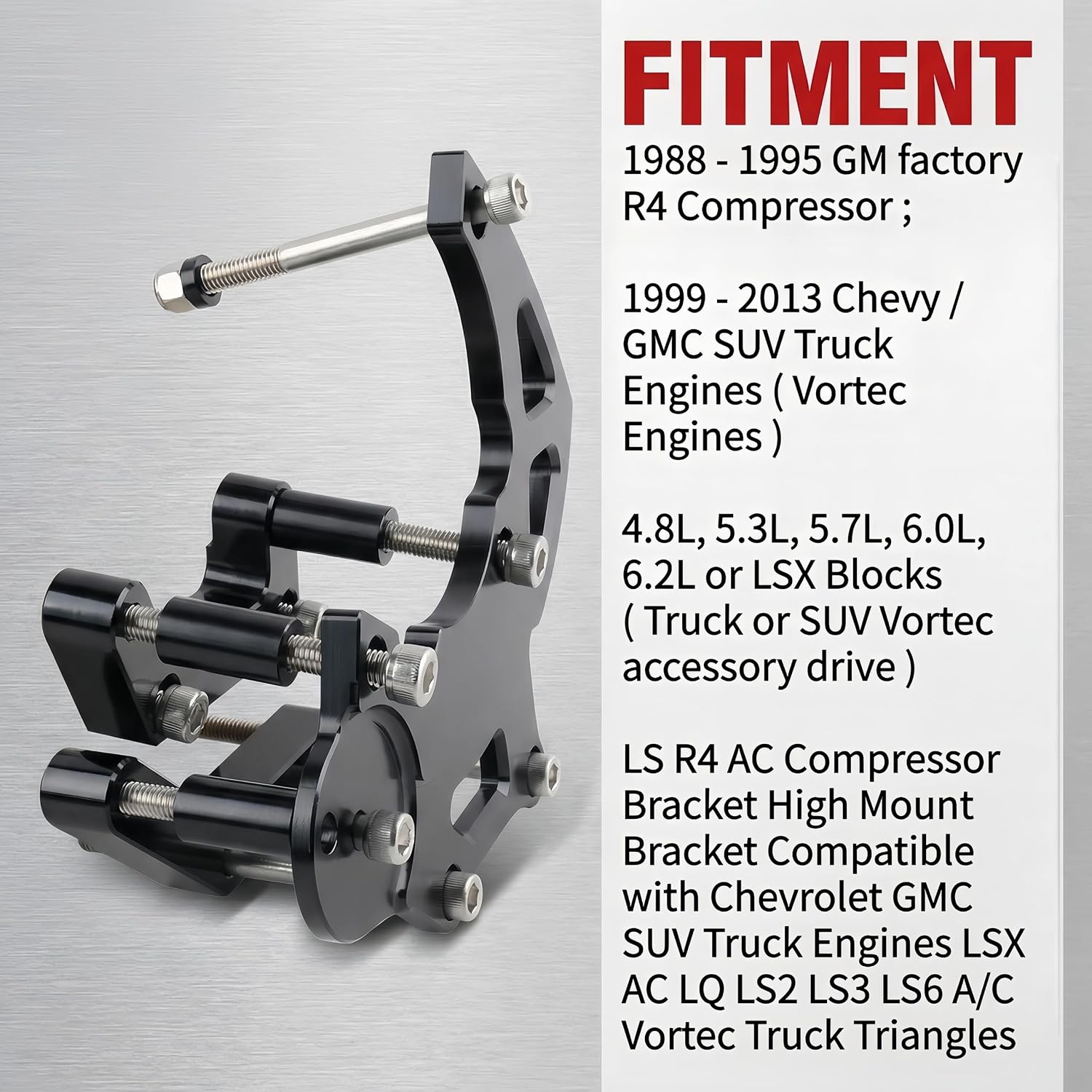 LS Swap AC Compressor High Mount Bracket Fit for 1988-1995 GM Factory R4 Compressor; 4.8L, 5.3L, 5.7L, 6.0L, 6.2L or LSX Blocks; LSX AC LQ LS2 LS3 LS6 A/C Vortec Truck Triangles