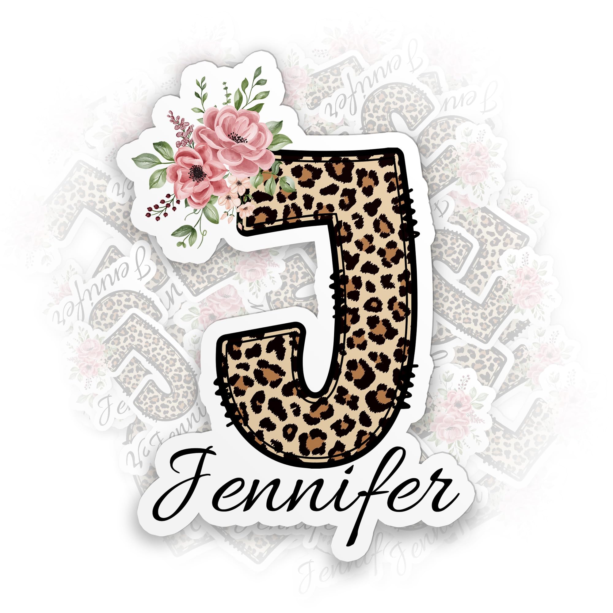 Personalized Leopard Prints Boho Flower Sticker Custom Name Monogram Waterproof Die-Cut Vinyl Sticker for Laptop Hard Hat Water Bottle Phone Case Car