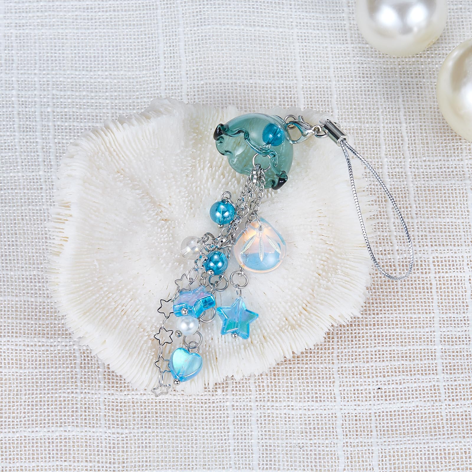 BEEFLYING Breloque Telephone Carillon à Vent Bleu, Bijoux Méduse Kawaii Pendentif Franges pour Étuis Téléphone Sac Porte-clés