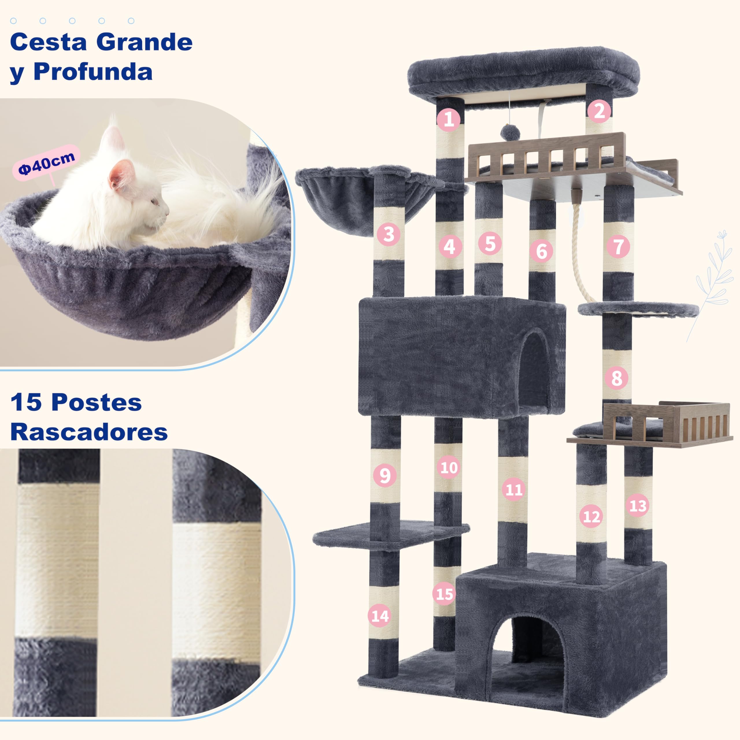 Gitelsnour rascador para Gatos Grandes, árbol para Gatos de 174 cm de Altura, con 2 Plataformas Colgantes Grandes, 2 Casitas para Gatos de Interior, 15 rascadores, Gris Ahumado GCT033G