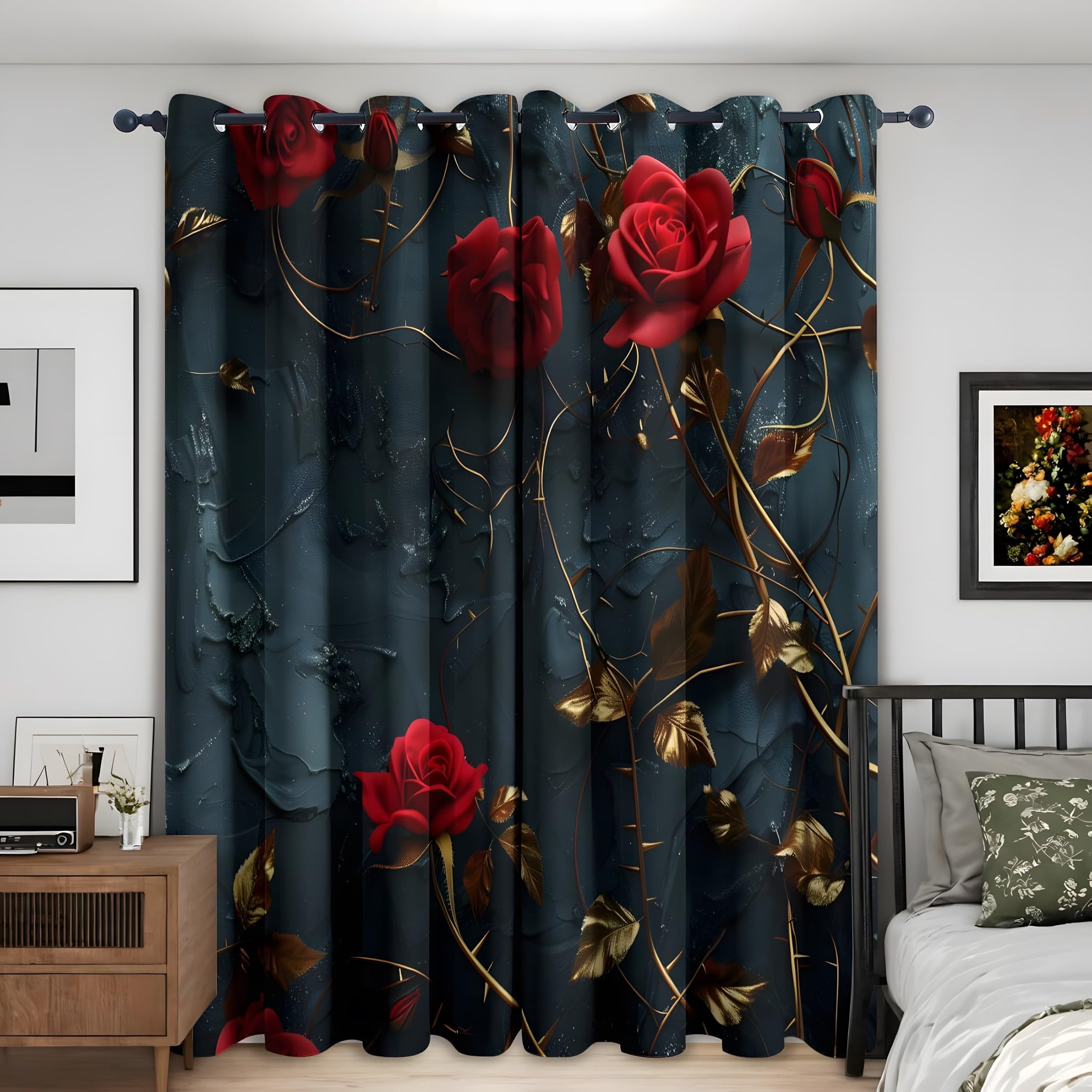 YZQGLHP Red Roses Curtains, W 46" x L 54" (117 x 137 cm), Golden Branches and Leaves Blackout and Heat-Insulating Curtains, Curtain 2 Pieces in a Pack, Suitable for Bedrooms and Living Rooms