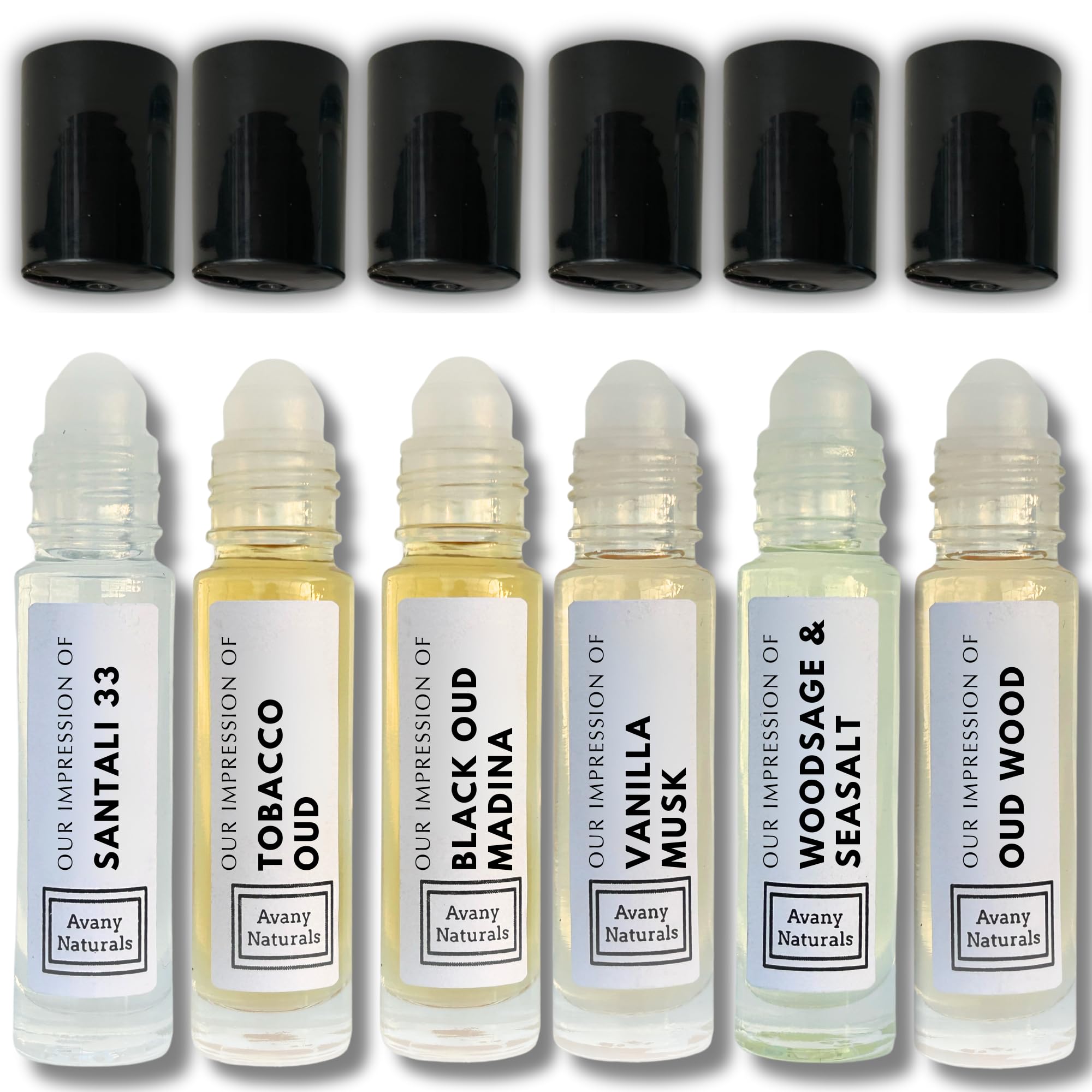 Avany Naturals Pheromone Perfume Oil Set Men & Women - Roll On Body Oil, Unisex Fragrance, Cologne Replicant, Scented Gourmand Scents, Travel Size, 6 Pc (Unisex)