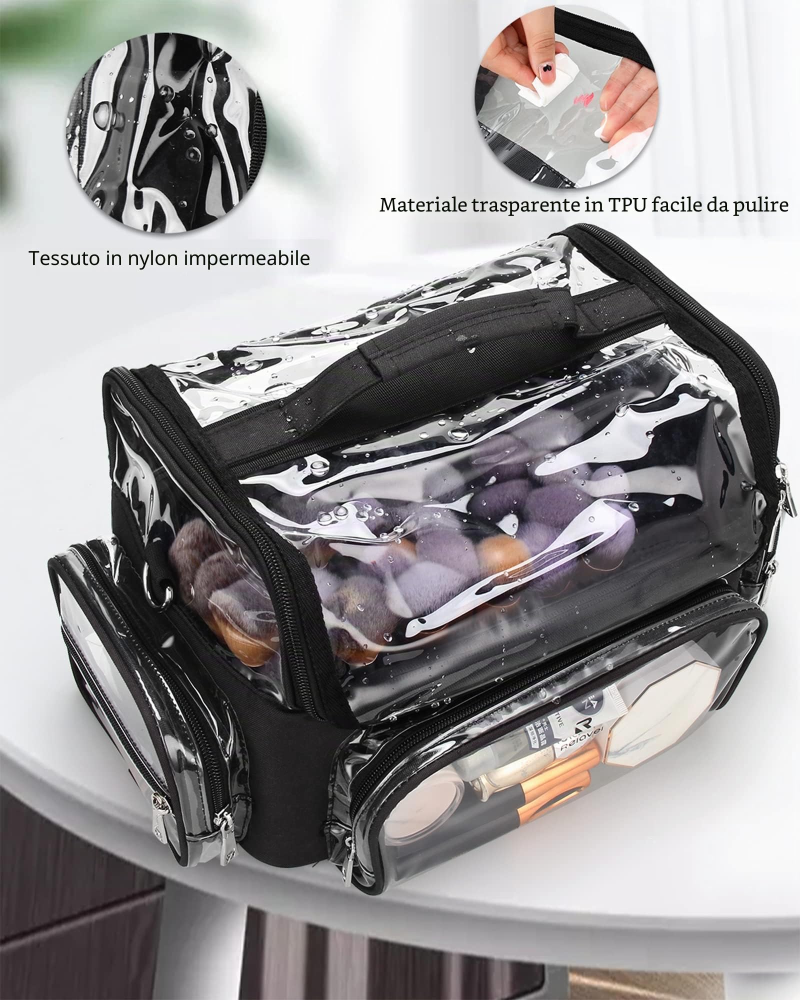 Relavel Borsa per Pennelli da Trucco Extra Grande, Professionale, Artista, da Viaggio, Trasparente, Impermeabile, Nero, Contenitore per Cosmetici