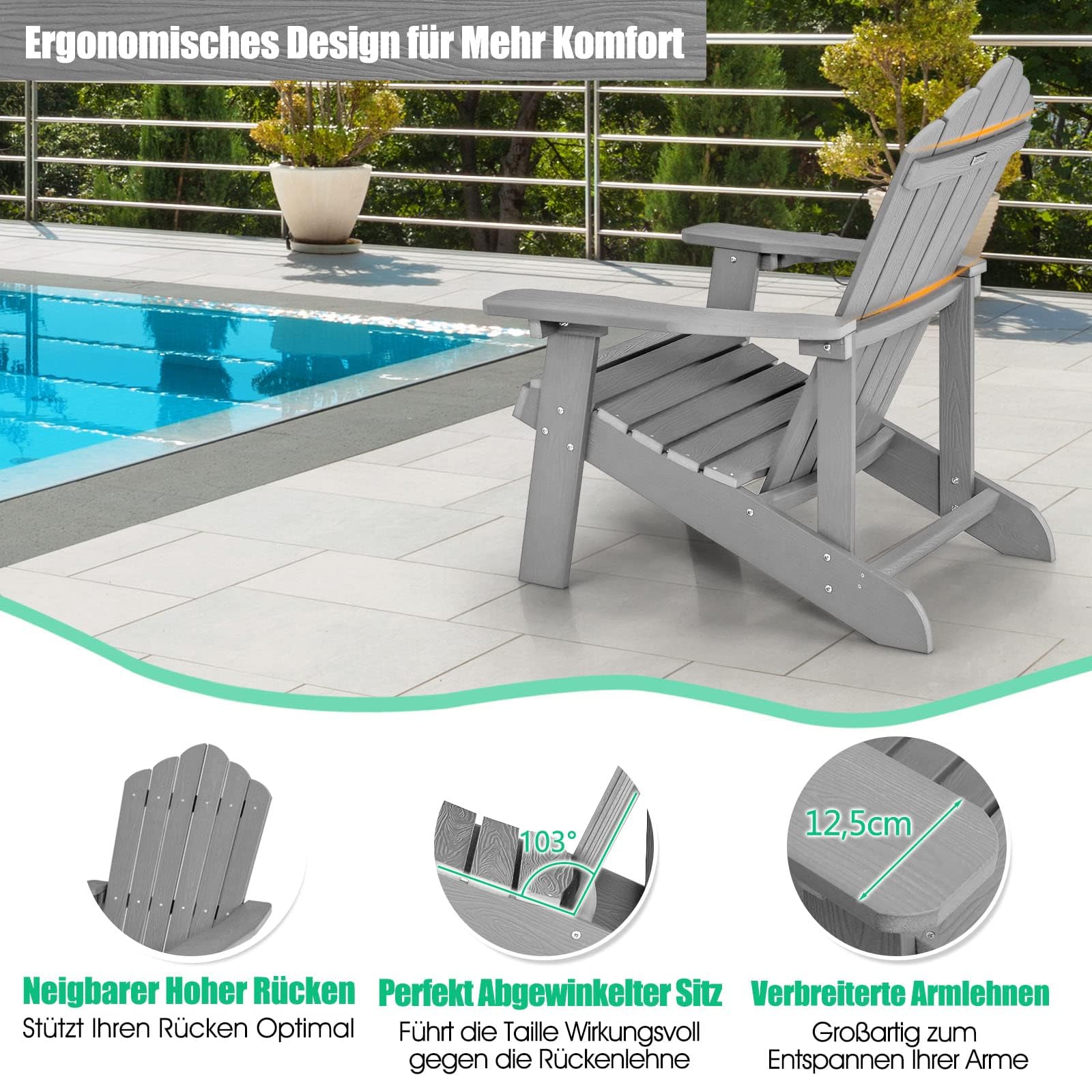 FANTASK Silla Adirondack con Soporte para Bebidas, Resistente a la Intemperie, de plástico, 170 kg, Color Gris Claro