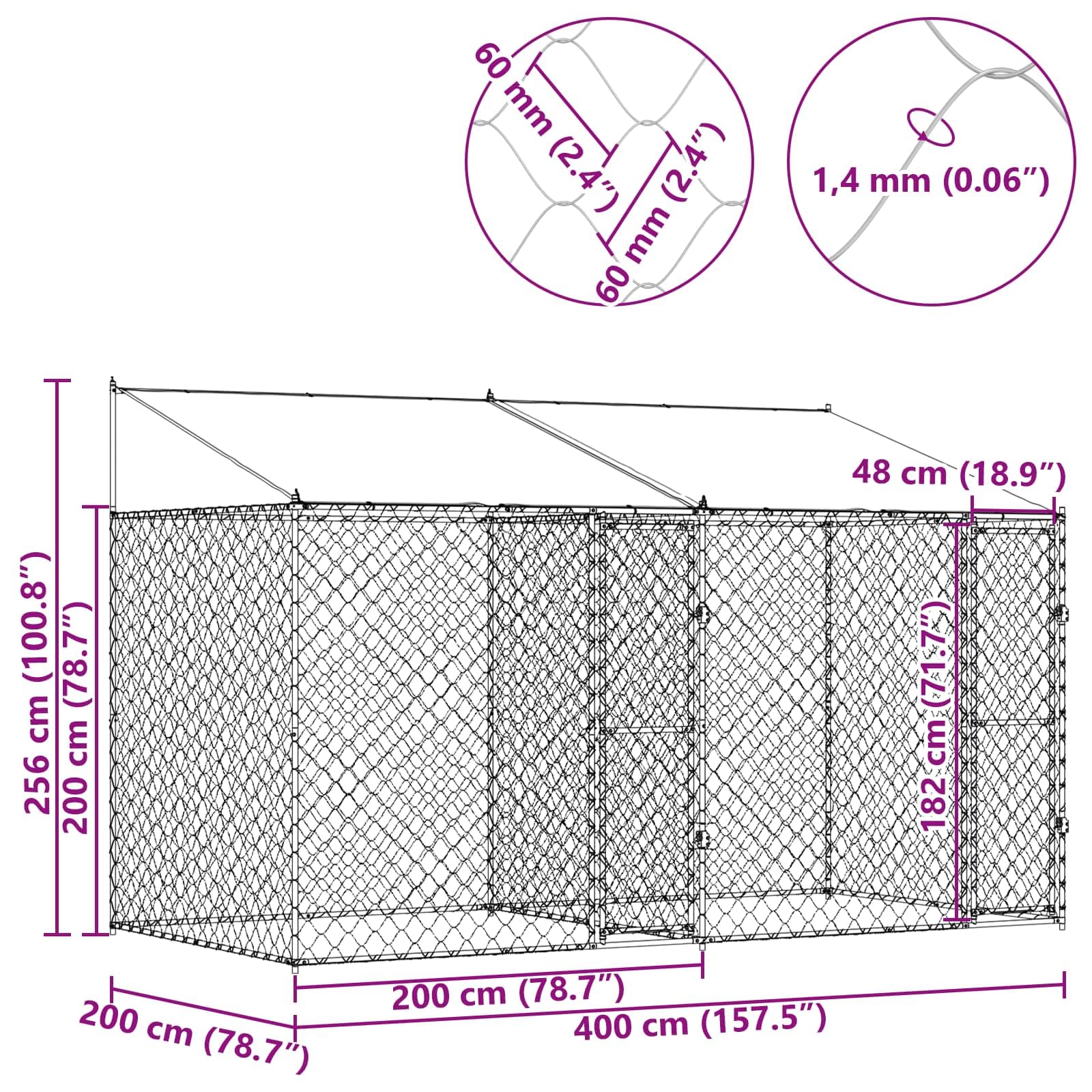Klatka dla psa z dachem, srebrna, 400 x 200 x 256 cm, stal i PE, odporna na warunki atmosferyczne, wybieg dla psa z elementami kratowymi, do ogrodu i na zewnątrz, zamykane drzwi, przestronny