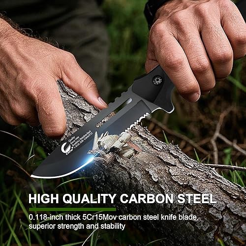 Miniatura 2 de Cuchillo de hoja fija de espiga completa con funda, hoja de acero al carbono de 4 pulgadas, acabado antiadherente negro con borde dentado, cuchillo