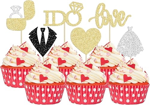 24 adornos para cupcakes de boda Love I Do - Anillo de vestido de corazón para tartas, decoraciones para despedidas de soltera, bodas, compromisos,