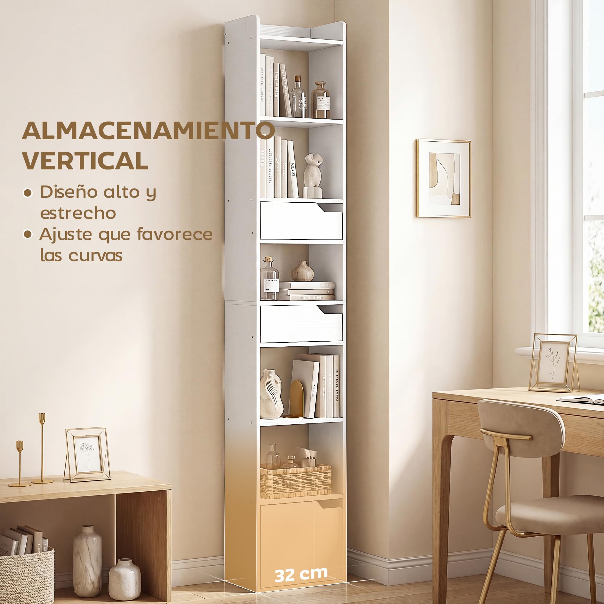 HOMCOM Estantería para Libros con 2 Cajones y Puerta 32x24x181,5 cm Blanco | Librería Estrecha, 6 Estantes Abiertos, Armario Alto, Salón, Estudio, Oficina