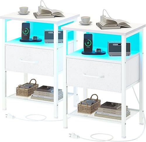 Miniatura 8 de Juego de 2 mesitas de noche, mesa auxiliar con estación de carga, mesita de noche LED con cajón de tela para dormitorio, mesa auxiliar de 3 niveles