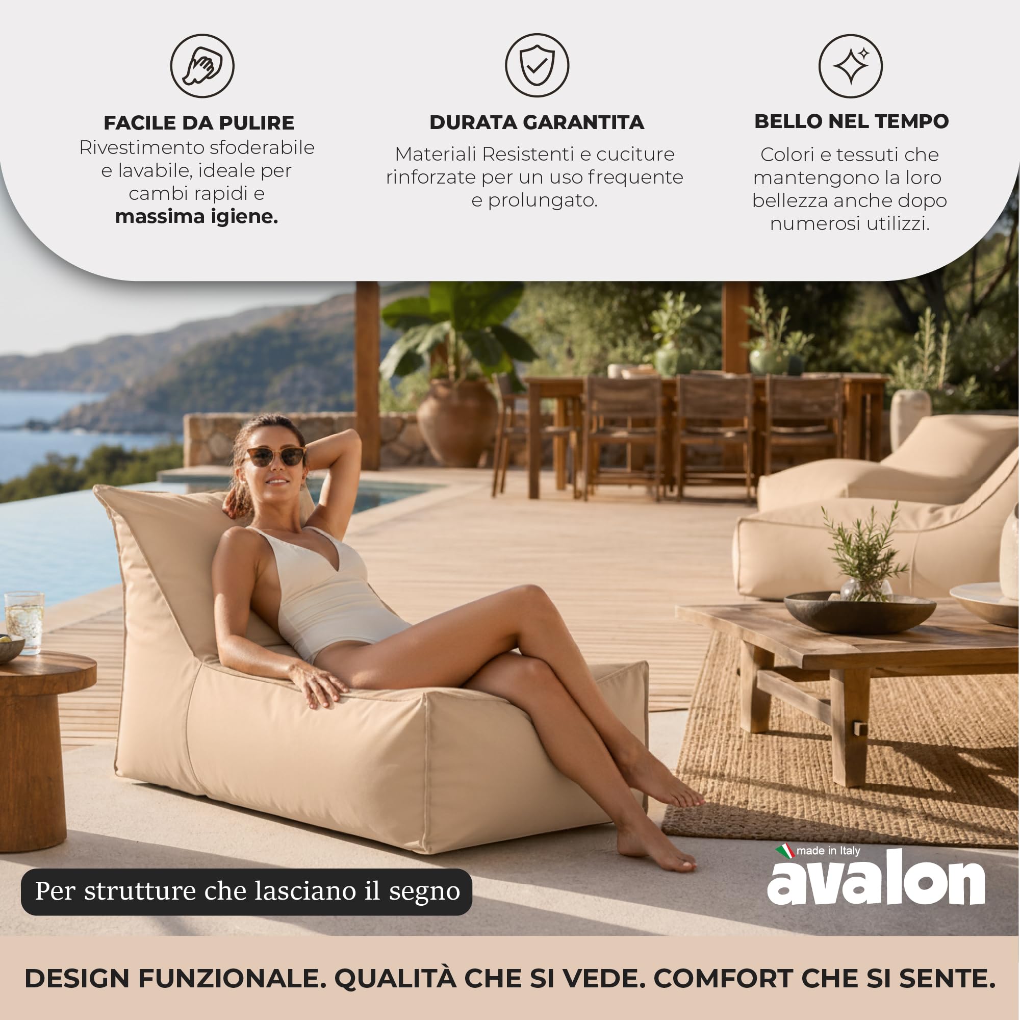 Avalon Pouf Chaise Longue da Esterno Sfoderabile Impermeabile 70x105cm Corda Design Moderno