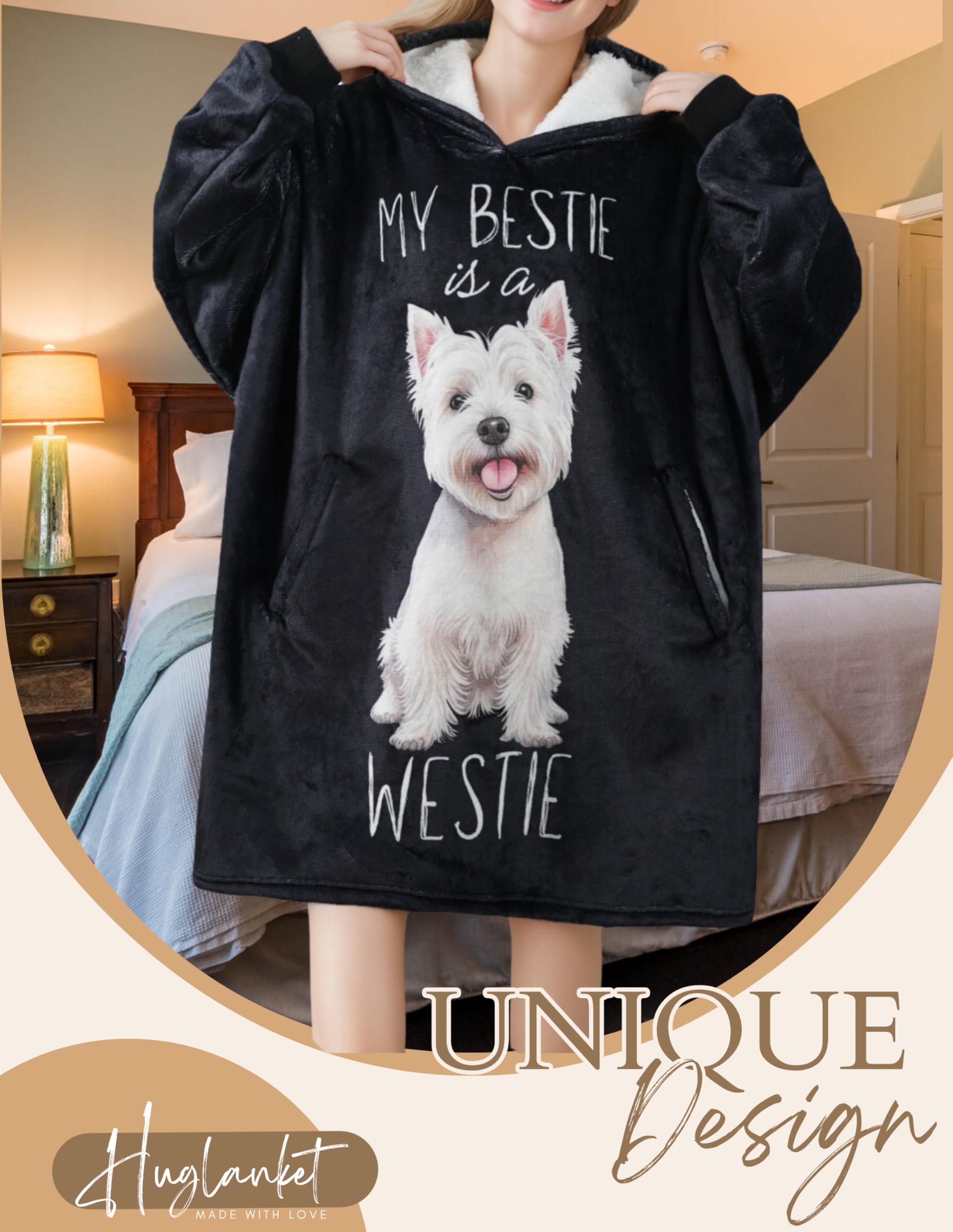 Huglanket Westie Gifts, Gifts for West Highland Lover, Westie Gifts for Women & Men, Westie Blanket Hoodie for Adults, Oversized Wearing Blanket, One Size Fits All
