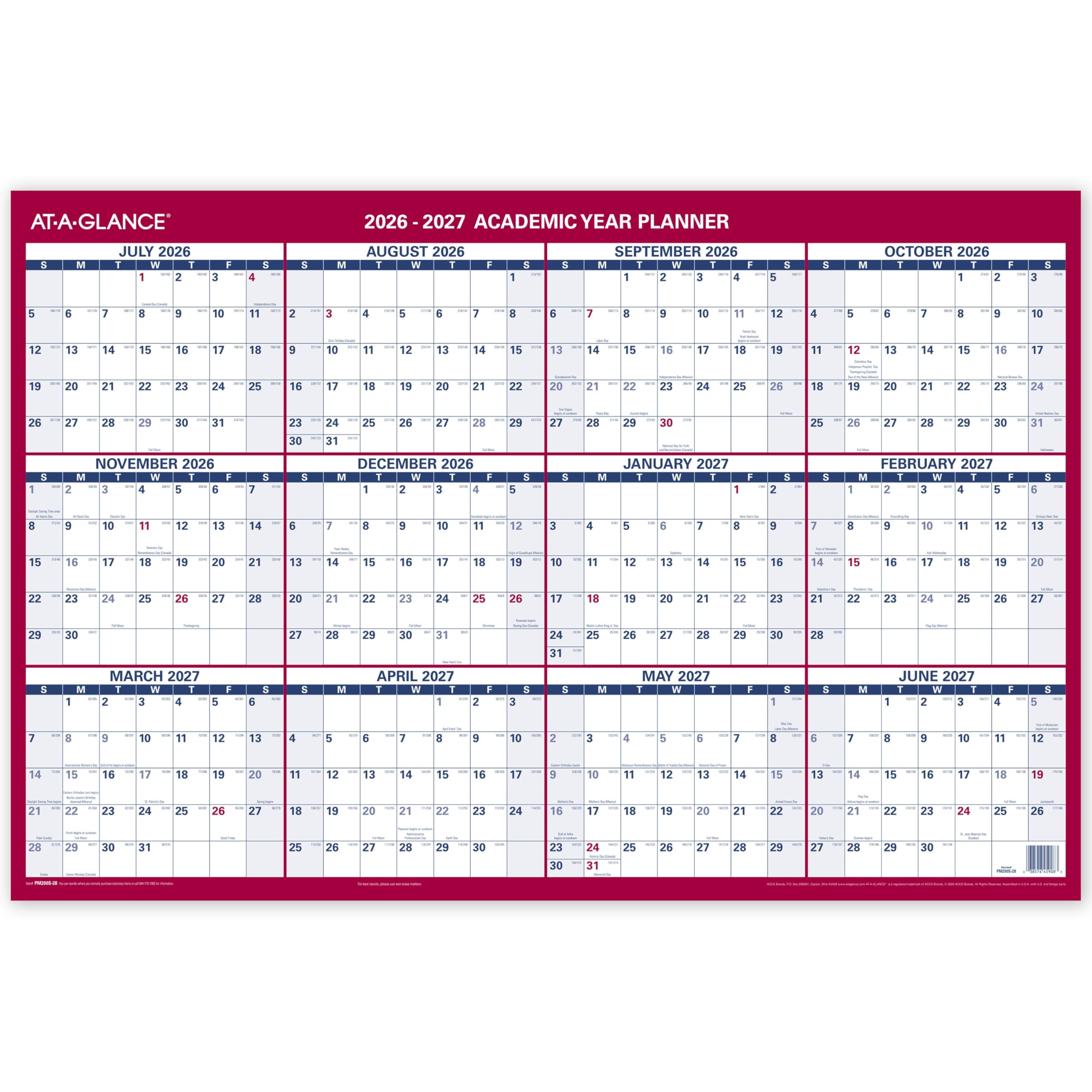 AT-A-GLANCE Dry Erase Kalender 2026–2027, akademischer und regulärer Jahresplaner, 12 Monate, 91,4 x 61 cm, doppelseitig, horizontal (PM200P28)