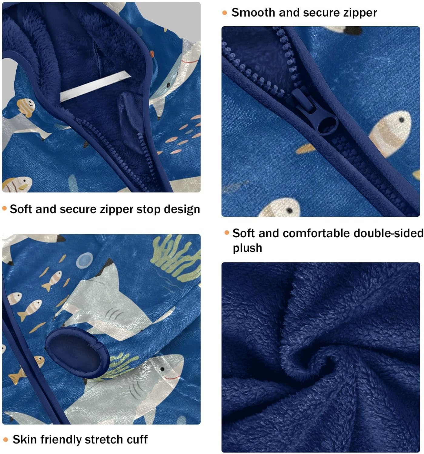 KLL Cartoon Shark and Fish Navy Blue Toddler Fleece Jacket Outerwear Jackets Navy Blue Baby Boy Zipper Hoodie