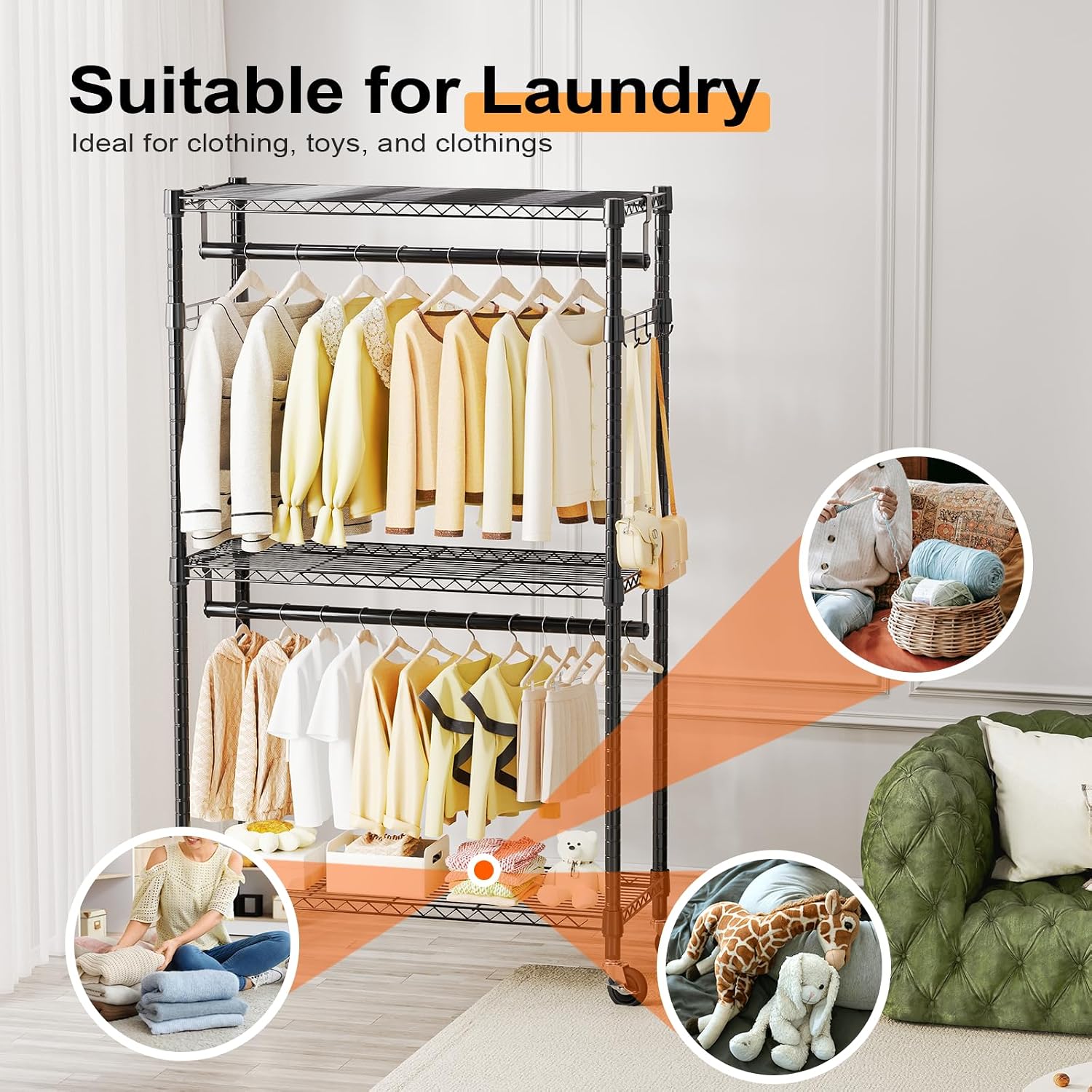 M MZG Heavy Duty Rolling Garment Rack 3 Tiers Adjustable Wire Shelving Clothes Rack with 2 Rods and Side Hooks,Storage Closet Clothing Rack with Wheels Black 15.7" D x 29.5" W x 74.5" H image 5