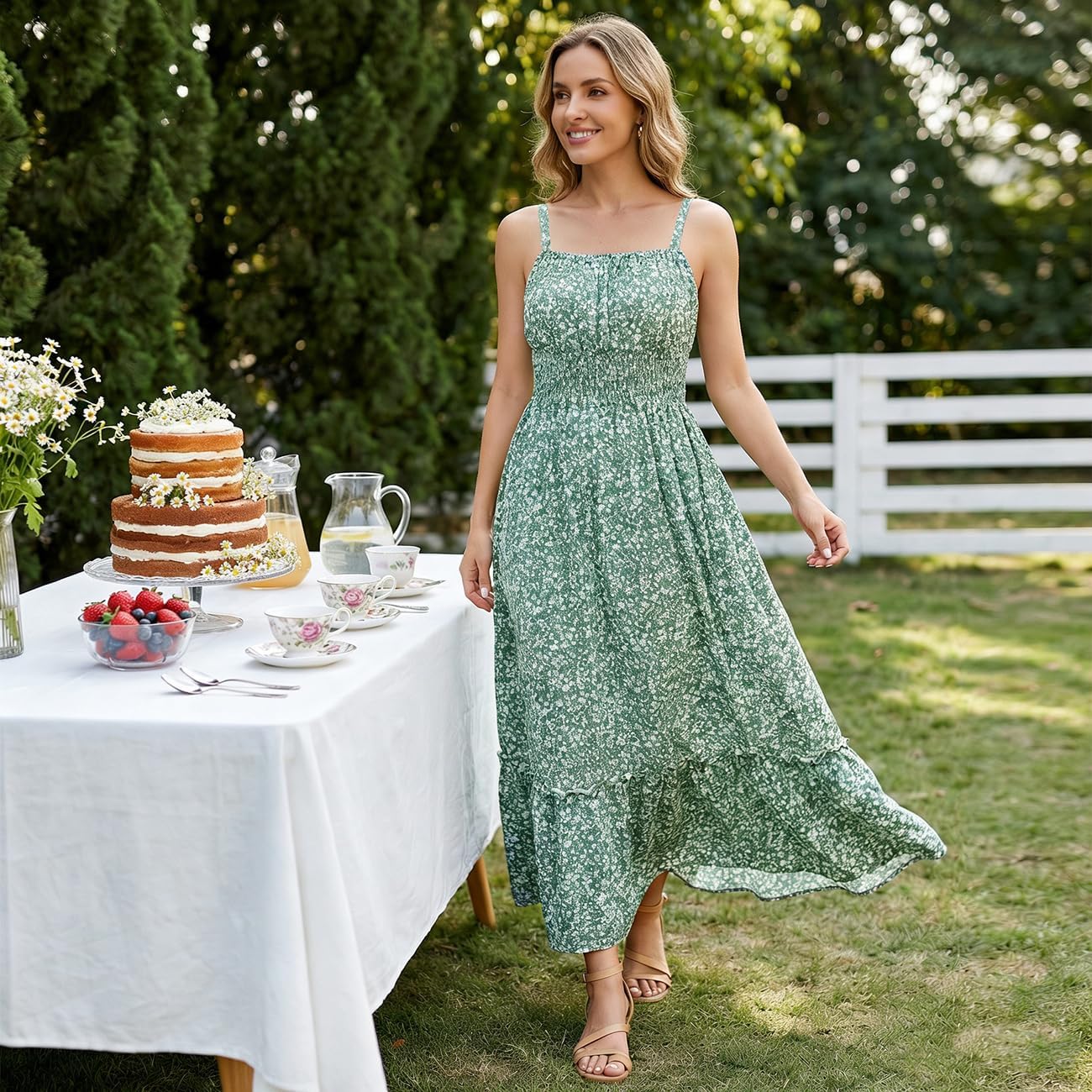 GRACE KARIN Mommy and Me Floral Smocked Dress,Spaghetti Strap Boho Dress,Summer Maxi Dress with Pockets