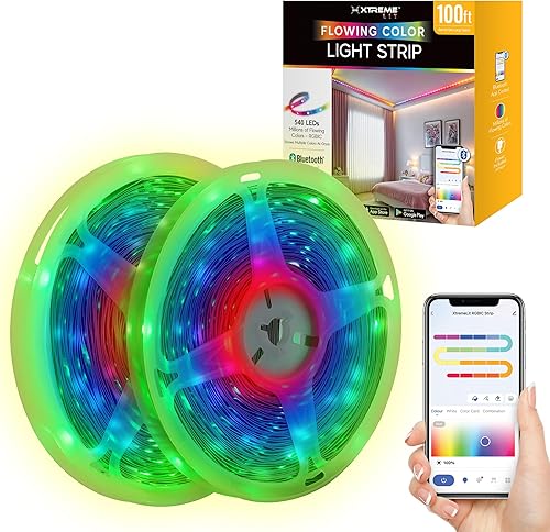 Xtreme - Tira de luz LED RGB+IC, tira de luz LED de 100 pies para interiores, reactiva con sonido multicolor, control de aplicación Bluetooth, luces