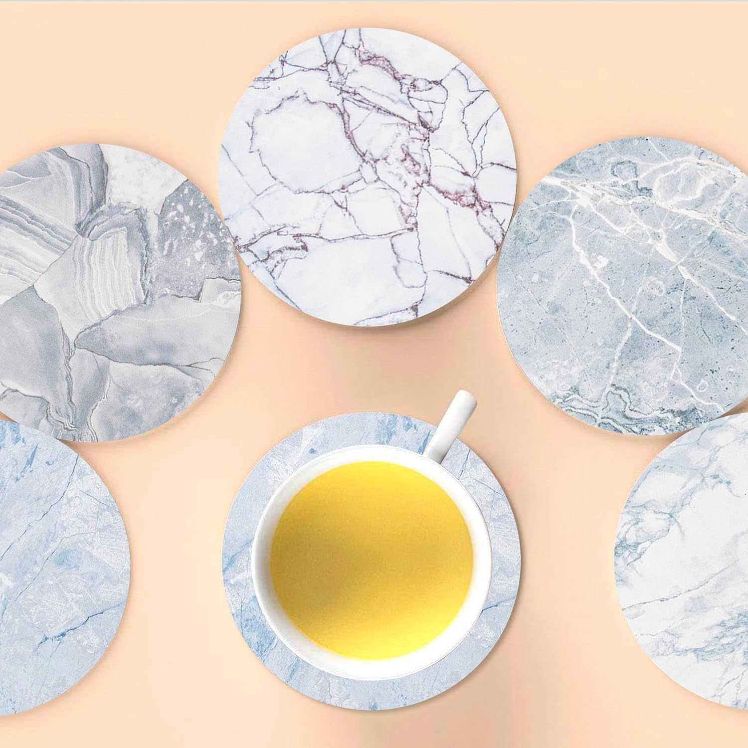 Coasters Set of 6, Absorbent Ceramic Drink Coasters with Holder, Round Coasters with Non-Slip and Scratch Resistant Cork Base for Coffee Table, Home Decor, Housewarming Gift (Marble)