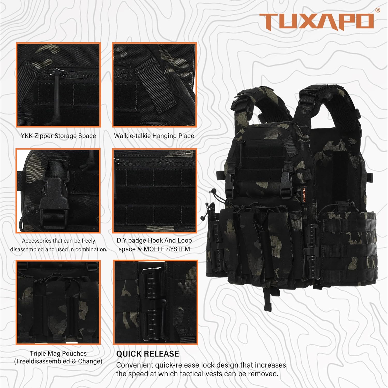 Tactical Molle Vests with Triple mag Pouch and Side Cummerbund Pouches, Quick Release Vests for Men - Image 7