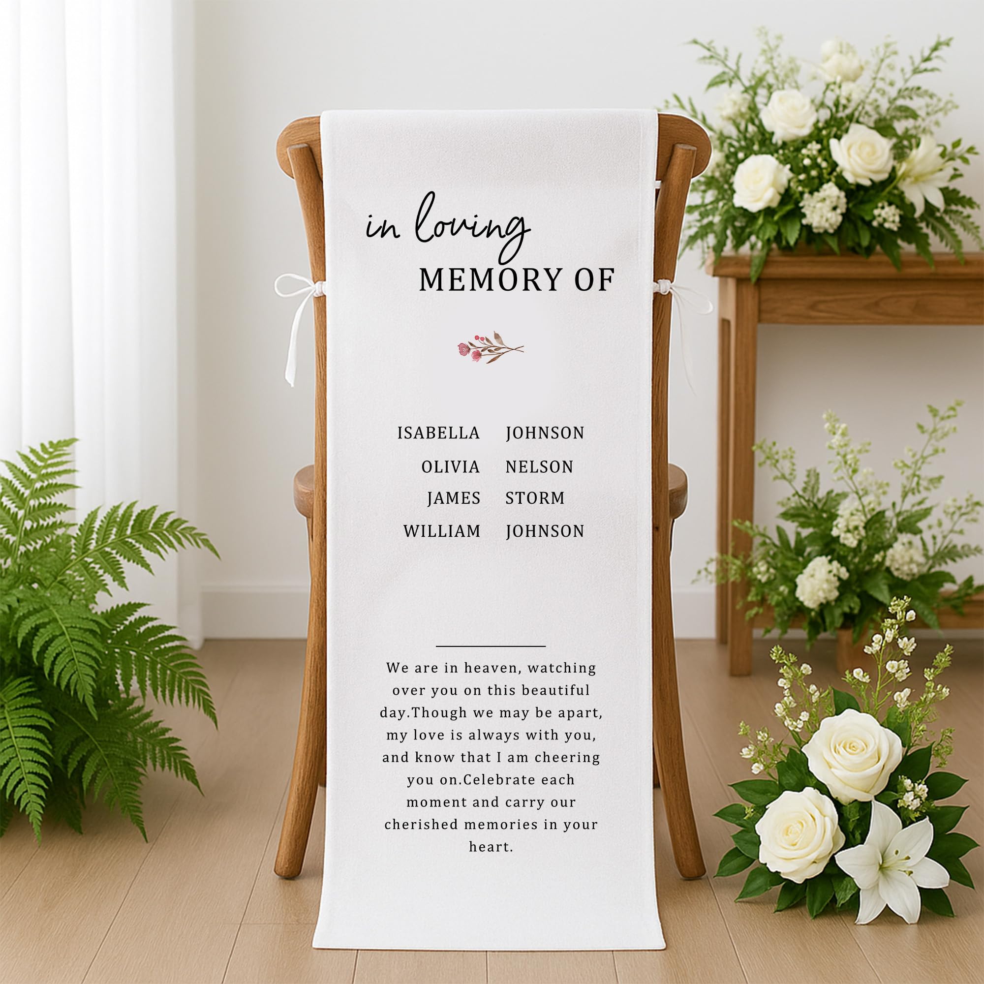 Custom Reserved Memorial Chair Sign for Wedding, Personalized In Loving Memory of Forever in Our Hearts Banner, Sympathy Gift for Loss Seat, Linen Fabric Seat Decoration for Ceremony (white loving)
