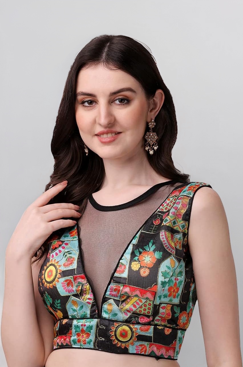 Pujia Mills Women's Phanotm Silk Floral Sleeveless Saree Blouse