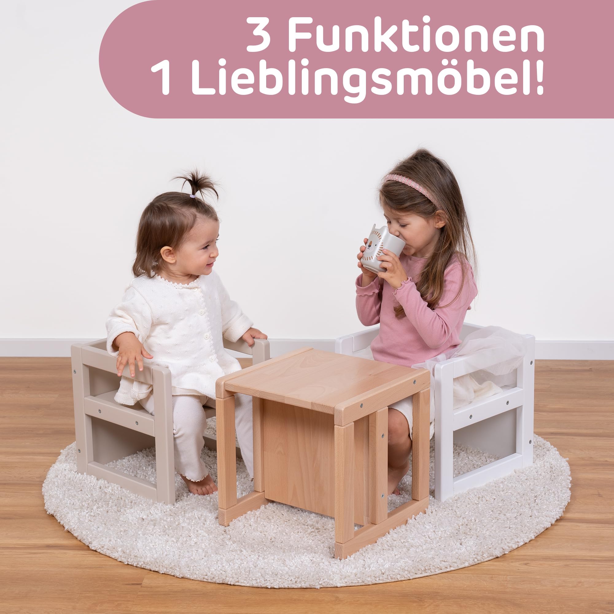 babybay Sitzhocker Littlefoot für Kinder 3-in-1 Stuhl/Tisch, natur lackiert