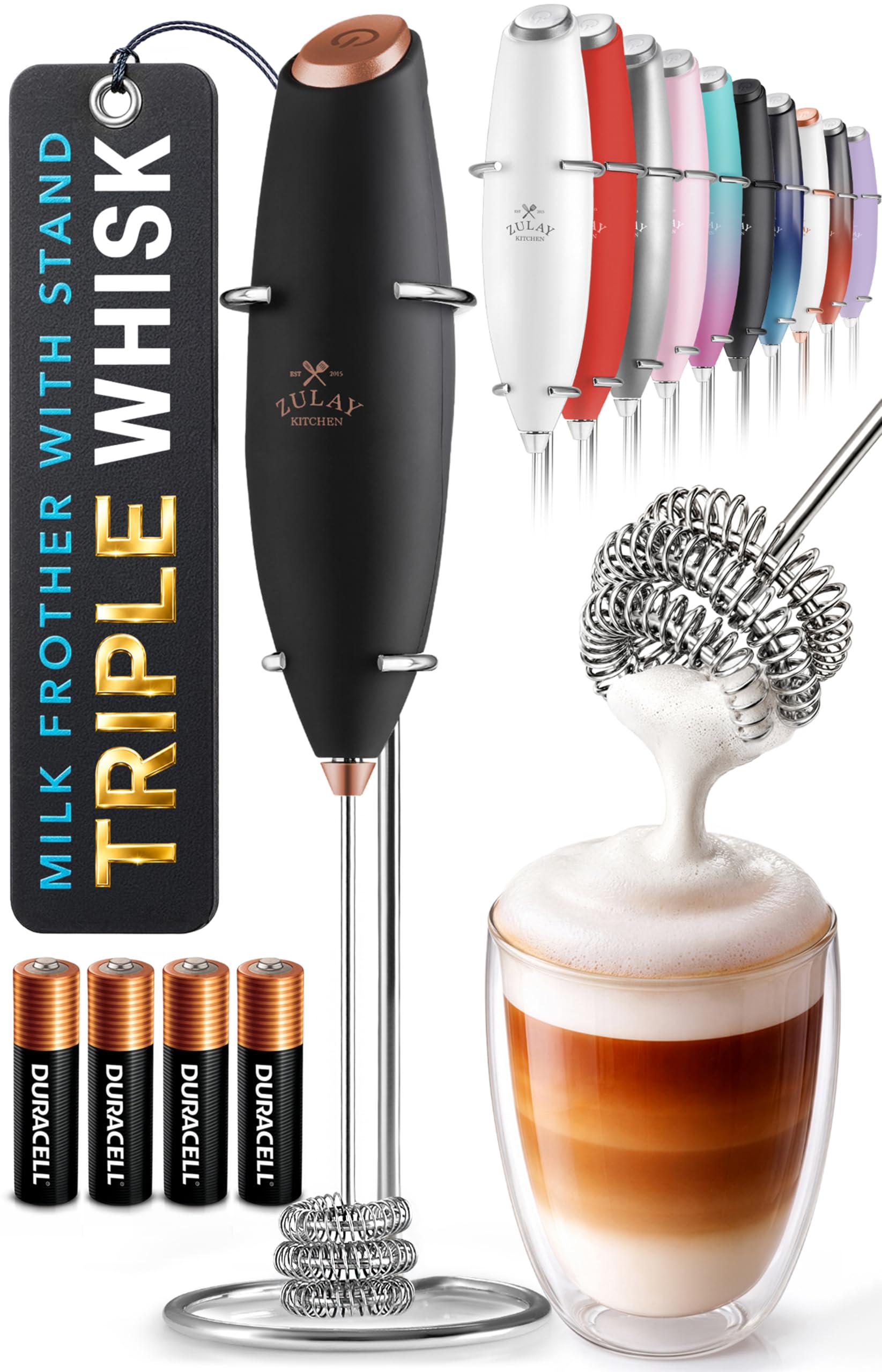 Zulay Kitchen Powerful Milk Frother Wand With Duracell Batteries - Ultra Fast Handheld Drink Mixer - Electric Whisk Foam Maker for Coffee, Lattes, Cappuccino &amp; Matcha - Triple Whisk - Luster Copper