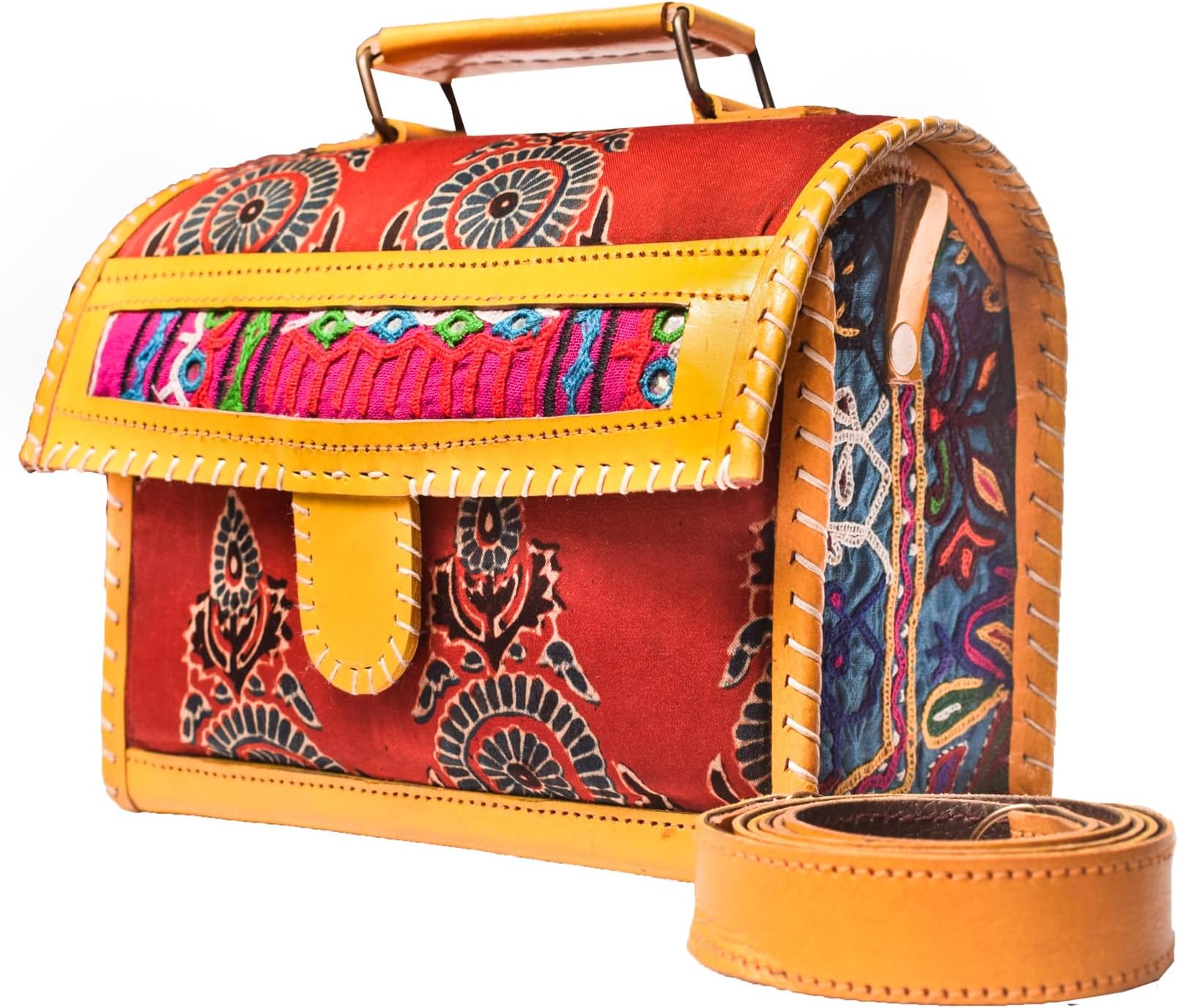 Ethnics of KutchAjrakh Pure Leather Leathercraft Hand Made Hand Embroidery Sling Bag with Ajrakh Natural Dyed Mashru Silk Body - 17 cms Length For Women