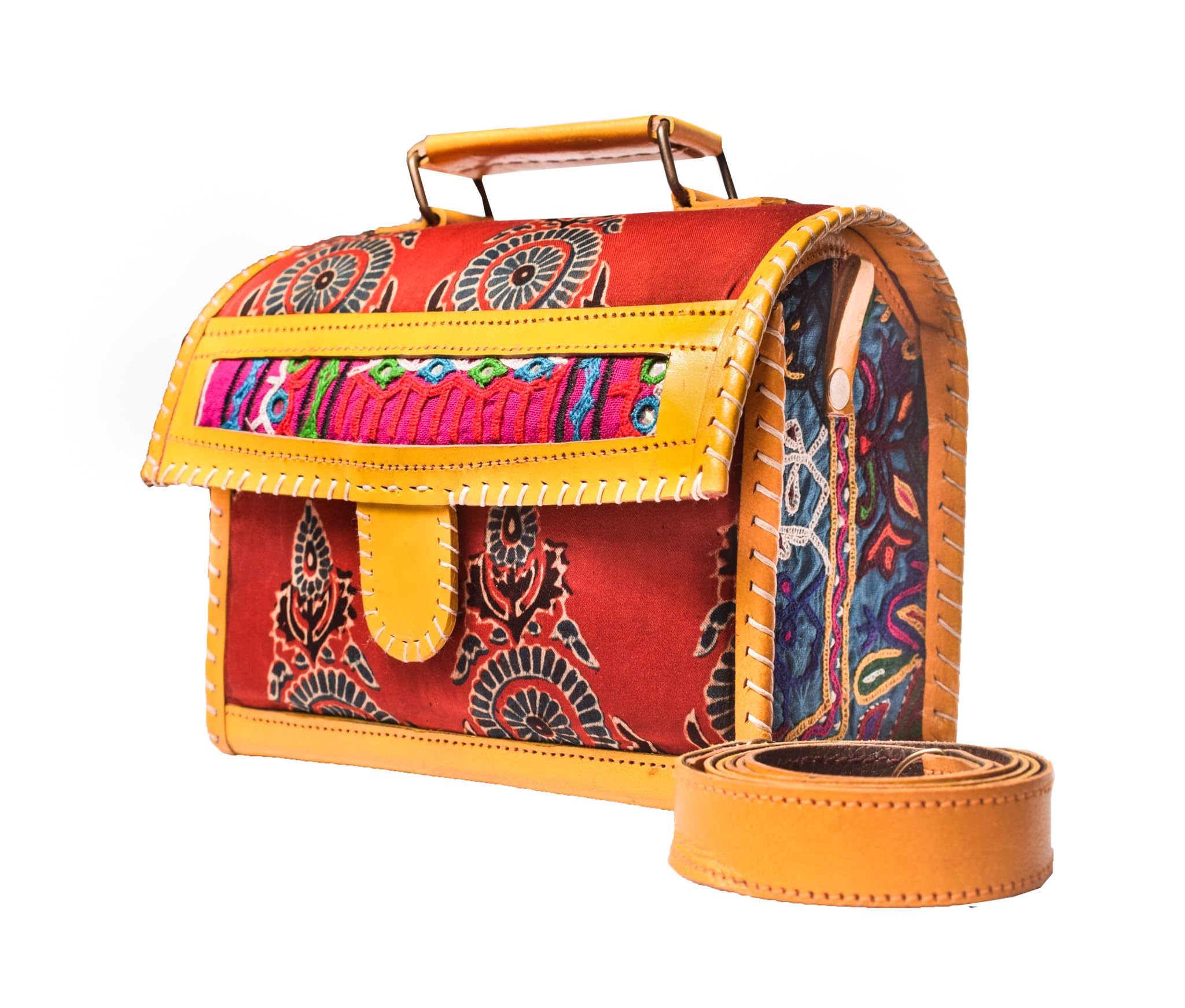 Ethnics of KutchAjrakh Pure Leather Leathercraft Hand Made Hand Embroidery Sling Bag with Ajrakh Natural Dyed Mashru Silk Body - 17 cms Length For Women