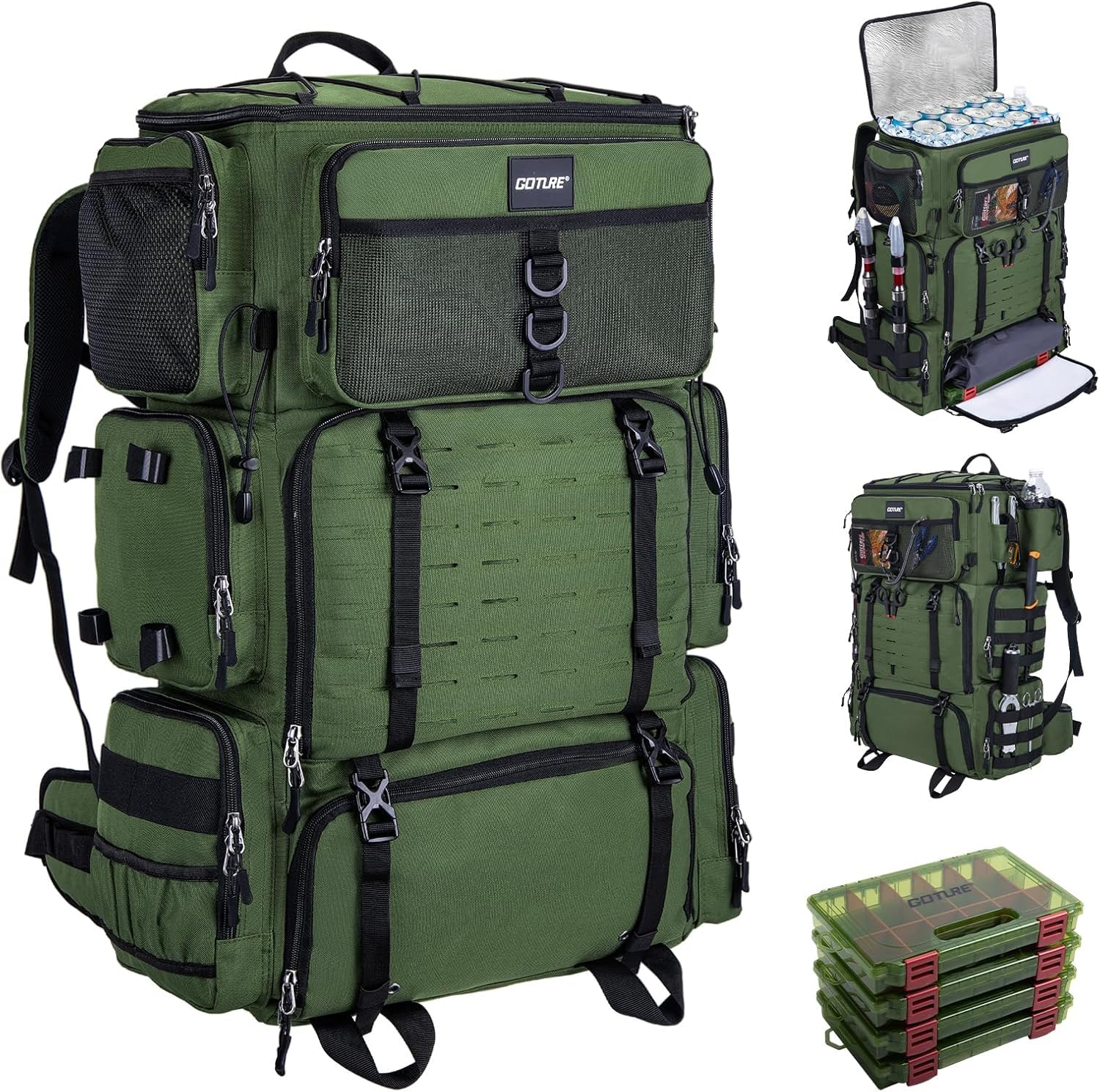 Goture 72L Angelrucksack mit Kühltasche (16L) & Trocken-/Nass-Fach - Verstellbare Fächer Wasserabweisende Angelgerätetasche, 2 Rutenhalter, Regenschutz für Angeln, Camping, Wandern