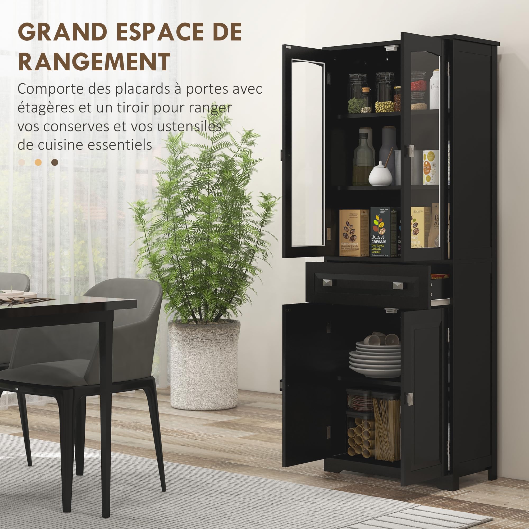 HOMCOM Armoire de Cuisine Buffet Haut 160 cm Noir | 4 Portes dont 2 Portes Vitrées, 1 Tiroir, Étagères Réglables