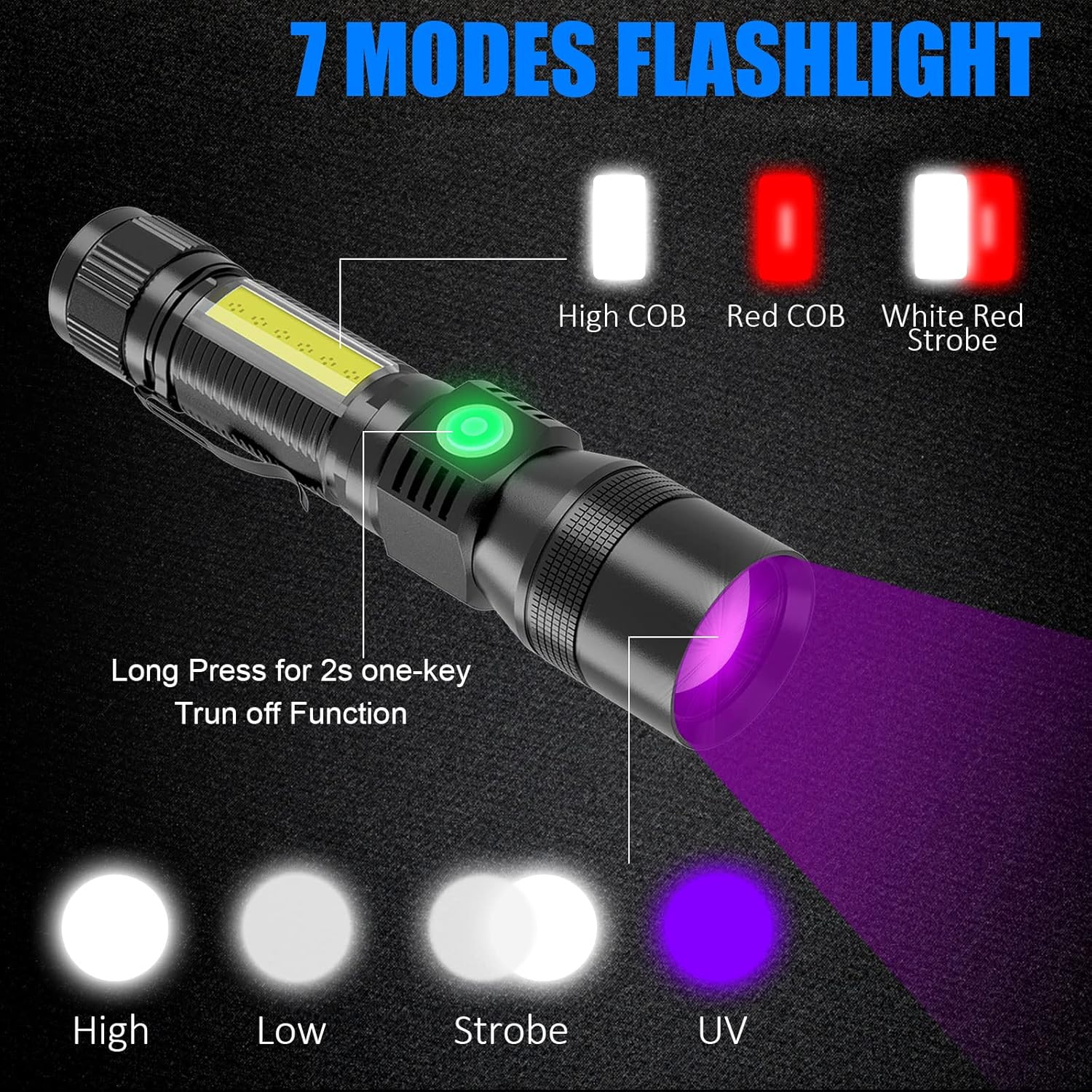 Rechargeable UV Flashlight, 3 in 1 UV LED Tactical Flashlight, Magnetic LED Flashlight with Pocket Clip, 7 Modes, Zoomable, Black 016-2Pack 016-2 016-2