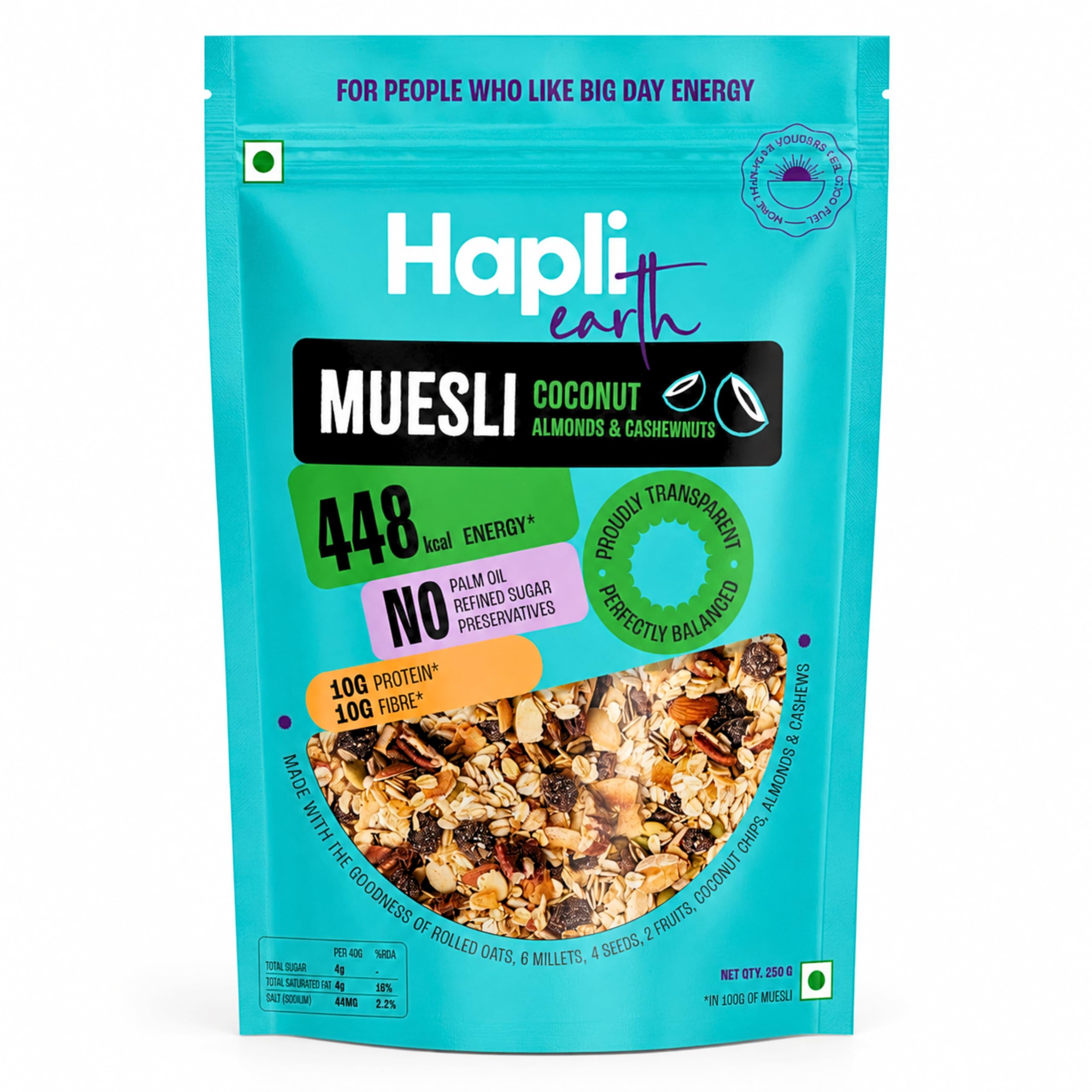 Hapli Earth 6 Millet Muesli | Coconut, Almonds & Cashewnuts | 10g Protein, High Fibre | Healthy Breakfast Cereal with Rolled Oats, Coconut Chips & 4 Seeds | No Palm Oil, No Preservatives | 250g