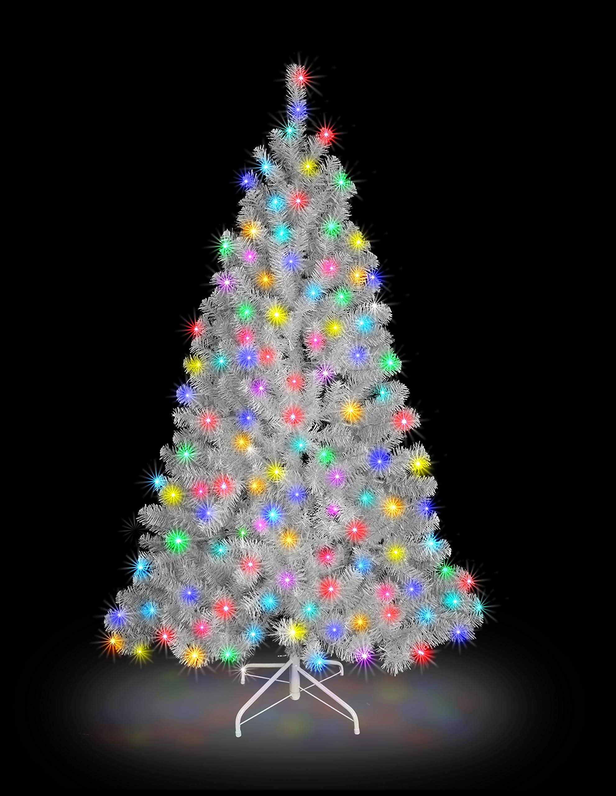 SHATCHI 7ft/2.1m Pre-Lit Artificial Christmas Tree Alaskan Pine White 800 Tips-200 Multicolour LEDs Metal Stand Xmas Home Decorations, 210cm