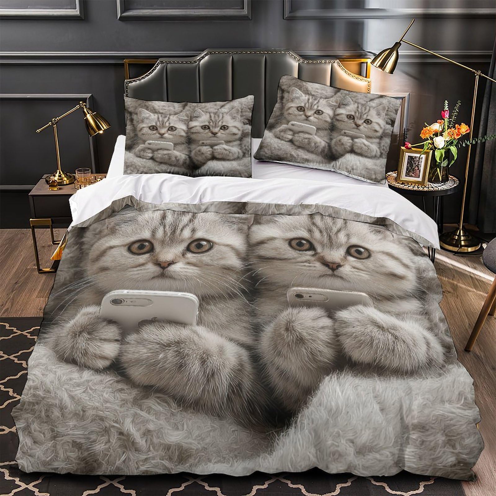 Housse de couette chatons parure de lit microfibre douce pour lit enfant ado